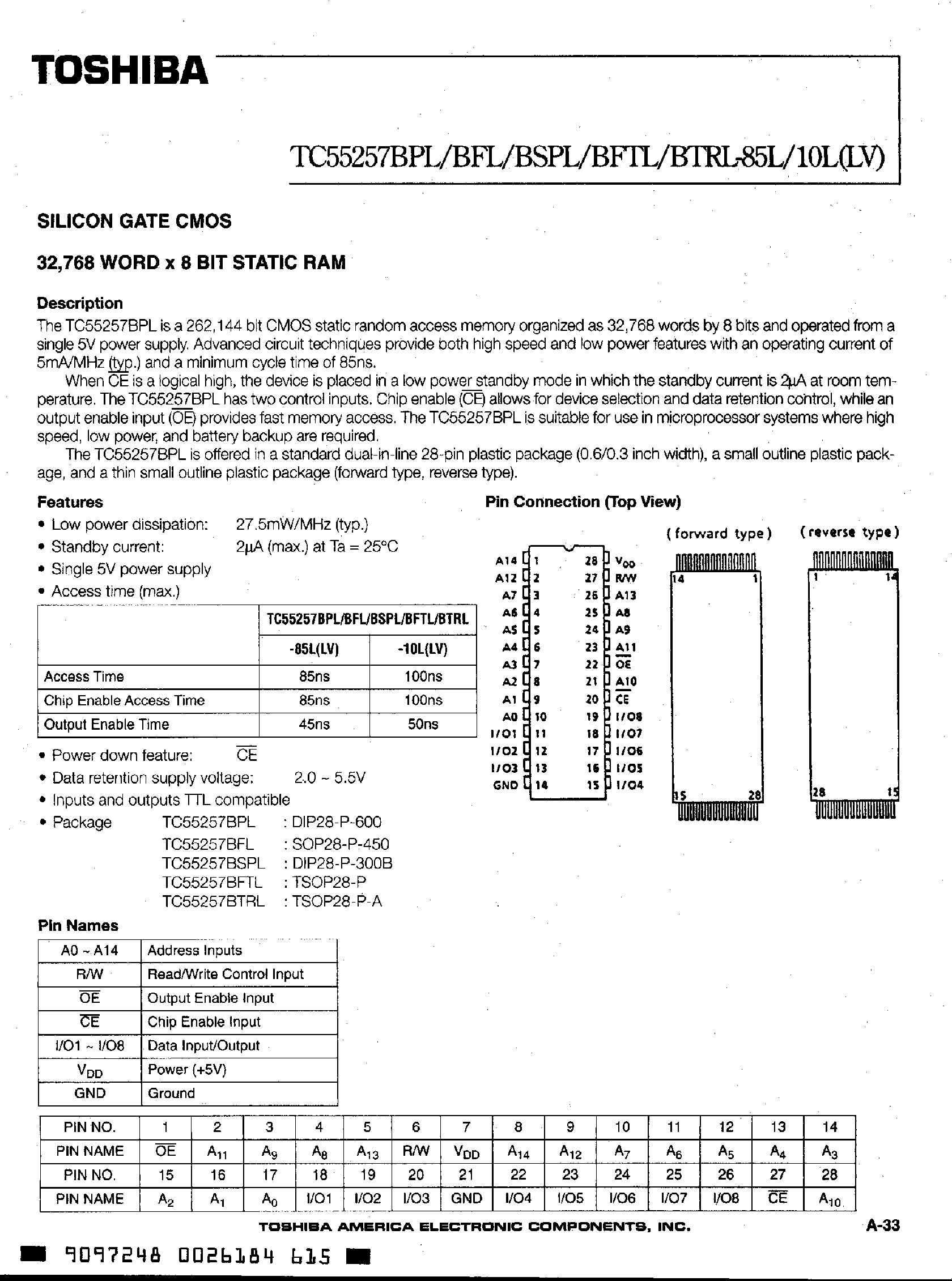 Datasheet TC55257BFL - (TC55257xxx) SILICON GATE CMOS 32768 WORD X 8 BIT STATIC RAM page 1