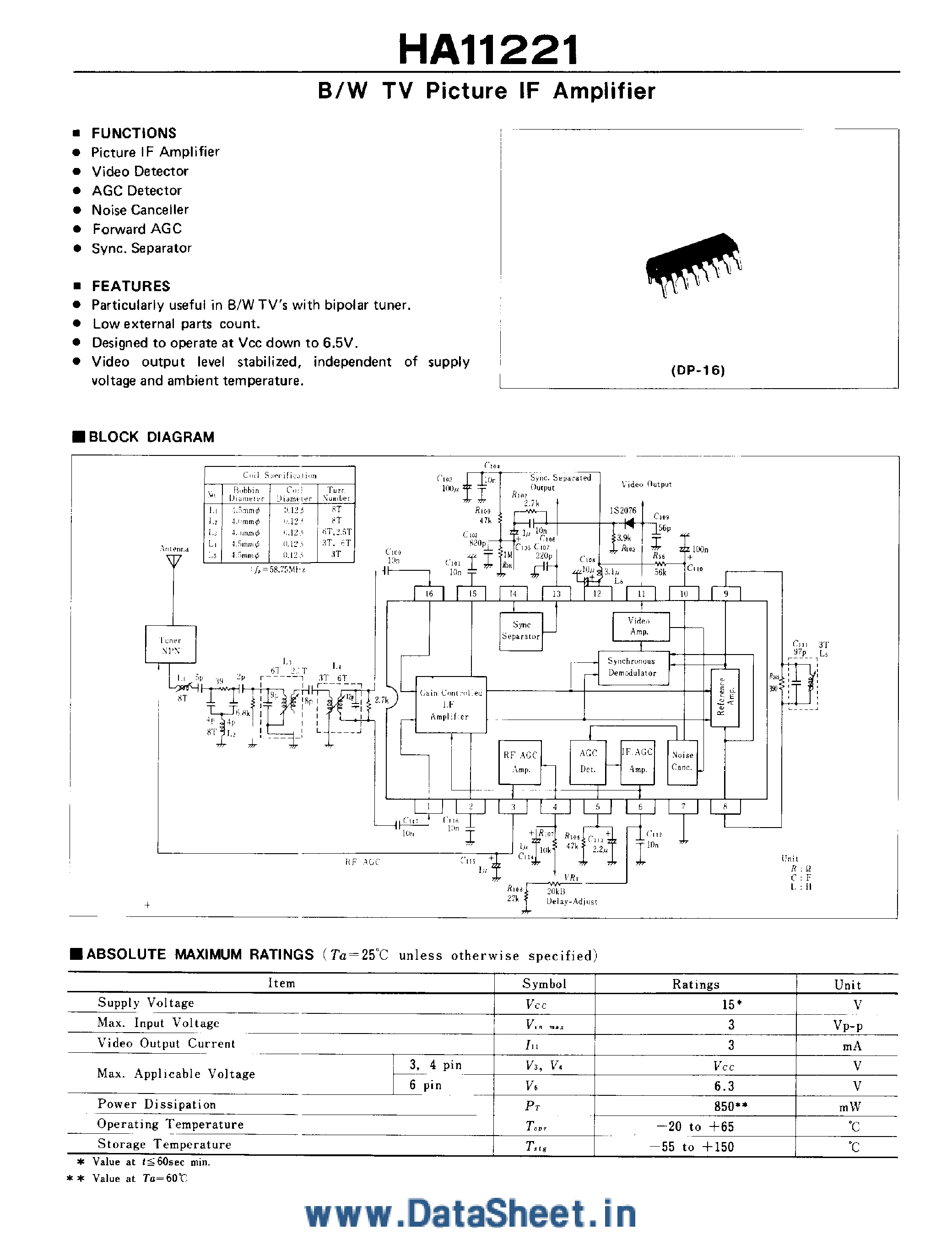 Datasheet HA11221 - B/W TV Picture IF Amplifier page 1