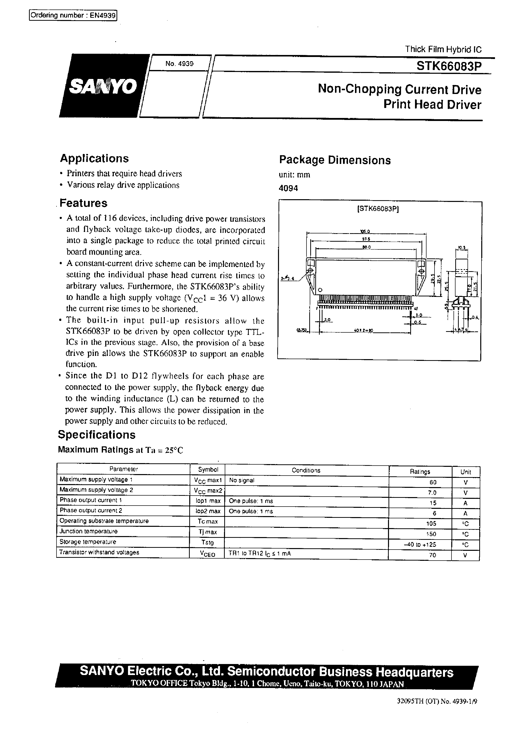 Datasheet STK66083P - Non-Chopping Current Drive Print Head Driver page 1