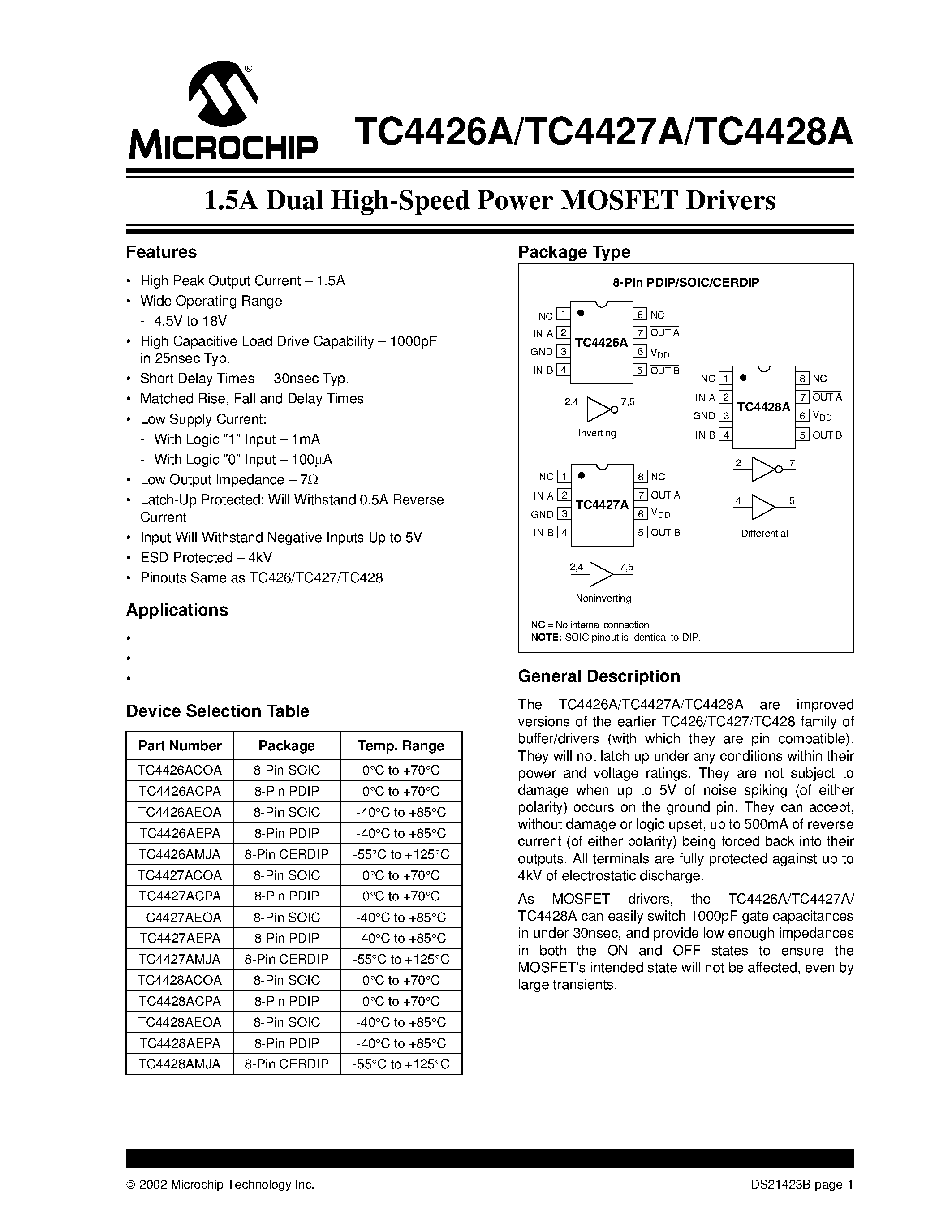 Даташит TC4426A - (TC4426A - TC4428A) 1.5A DUAL HIGH-SPEED POWER MOSFET DRIVERS страница 1