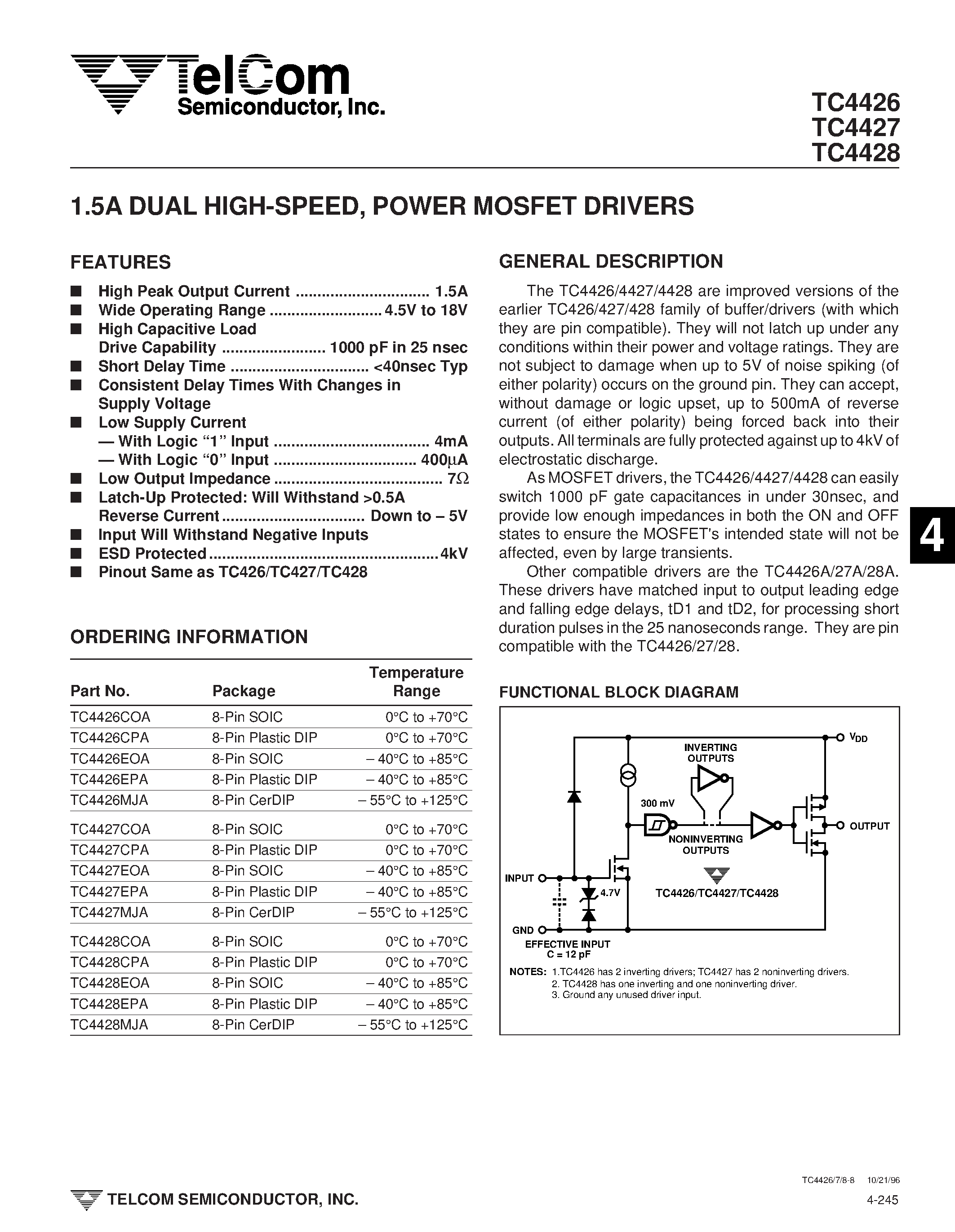 Даташит TC4426 - (TC4426 - TC4428) 1.5A DUAL HIGH-SPEED POWER MOSFET DRIVERS страница 1