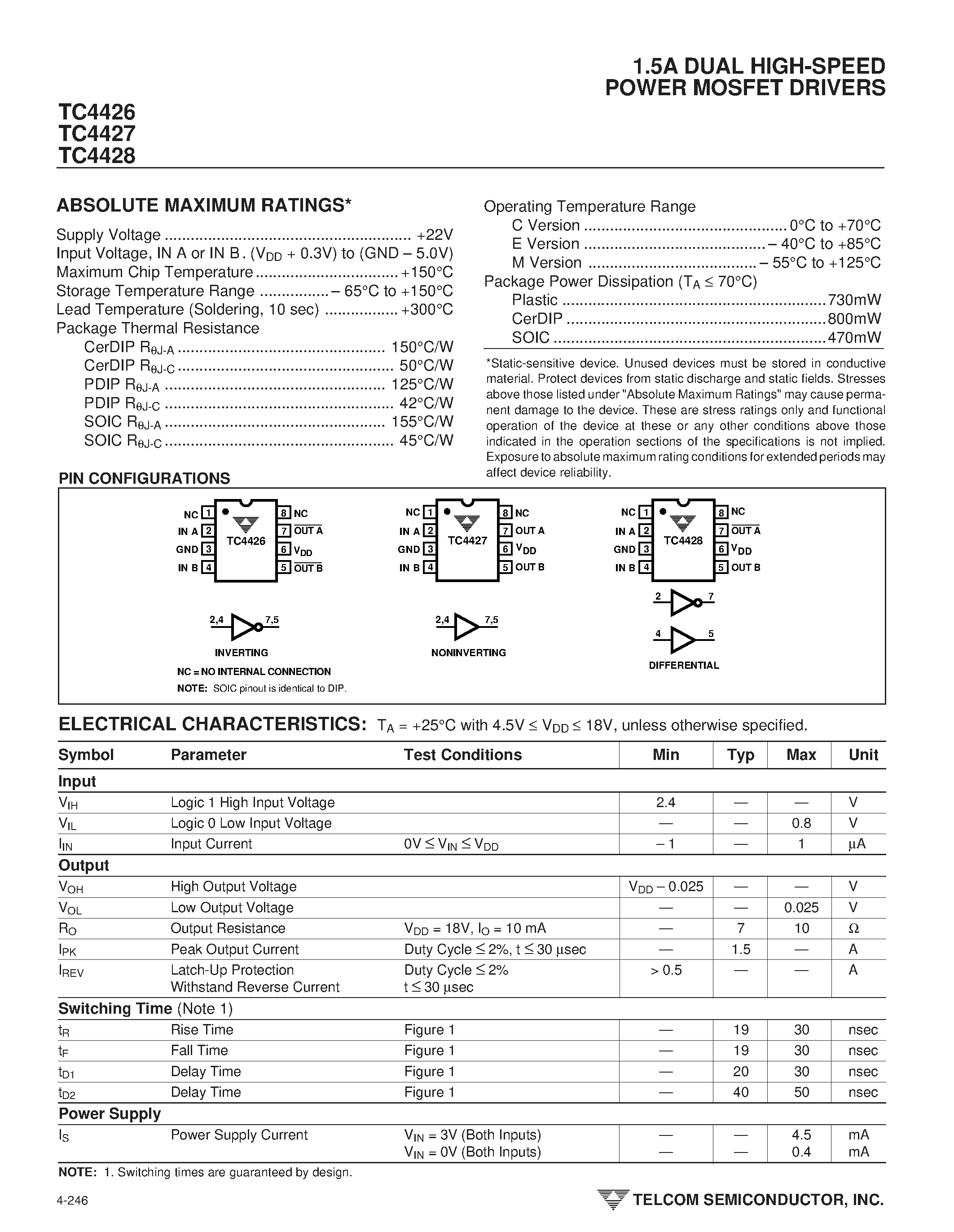 Даташит TC4426 - (TC4426 - TC4428) 1.5A DUAL HIGH-SPEED POWER MOSFET DRIVERS страница 2