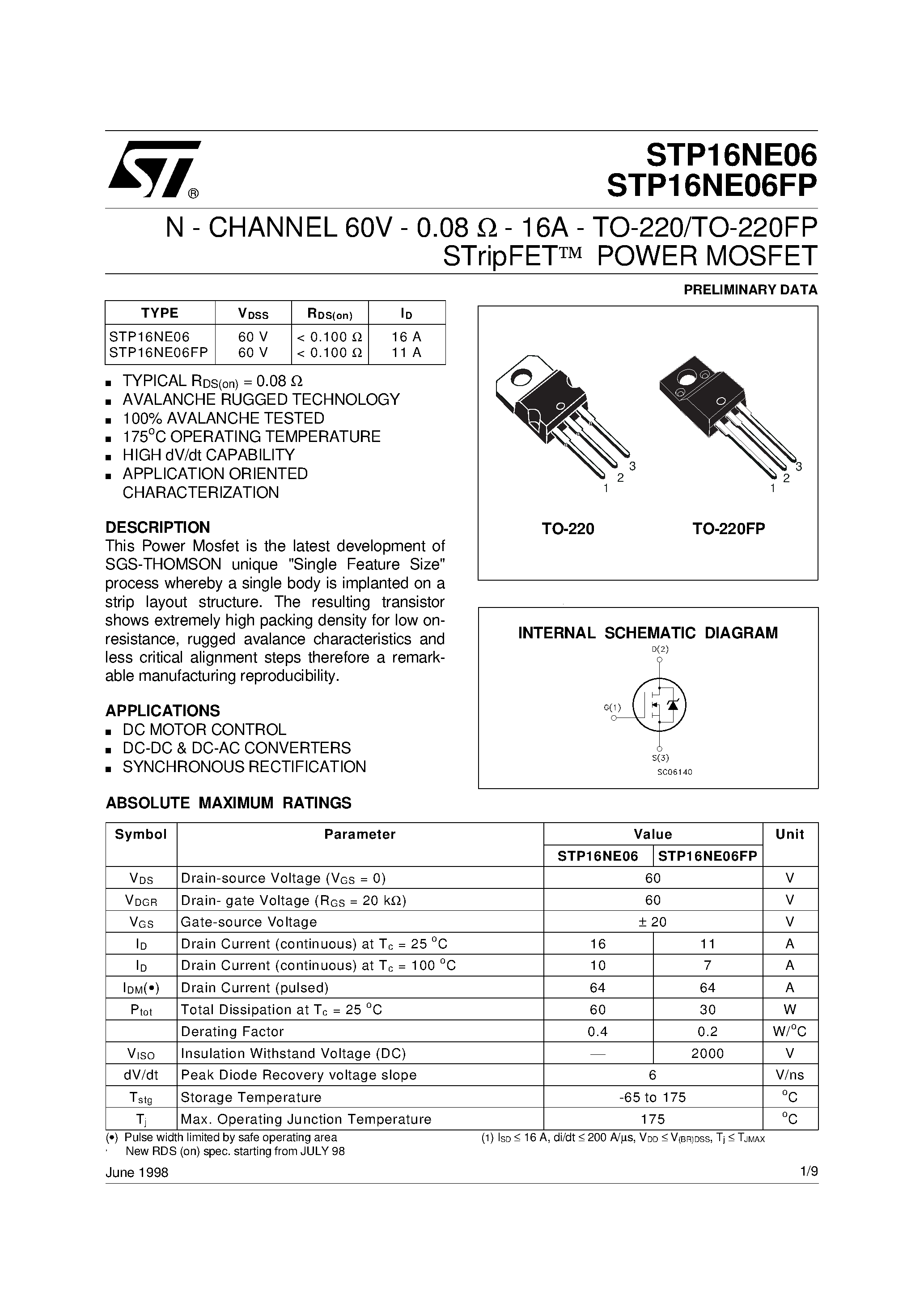 Даташит STP16NE06 - N-CHANNEL Power MOSFET страница 1