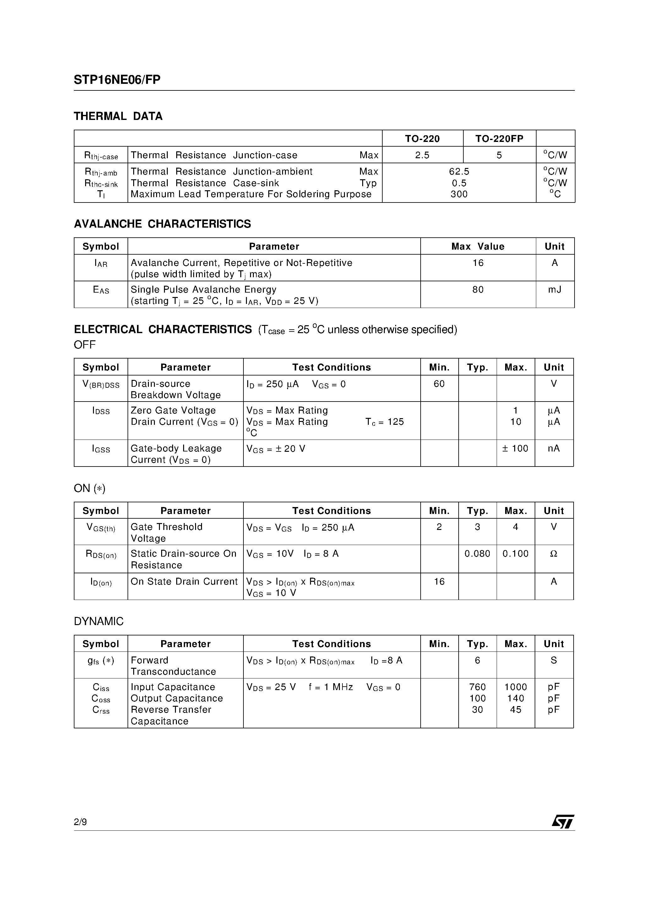 Даташит STP16NE06 - N-CHANNEL Power MOSFET страница 2