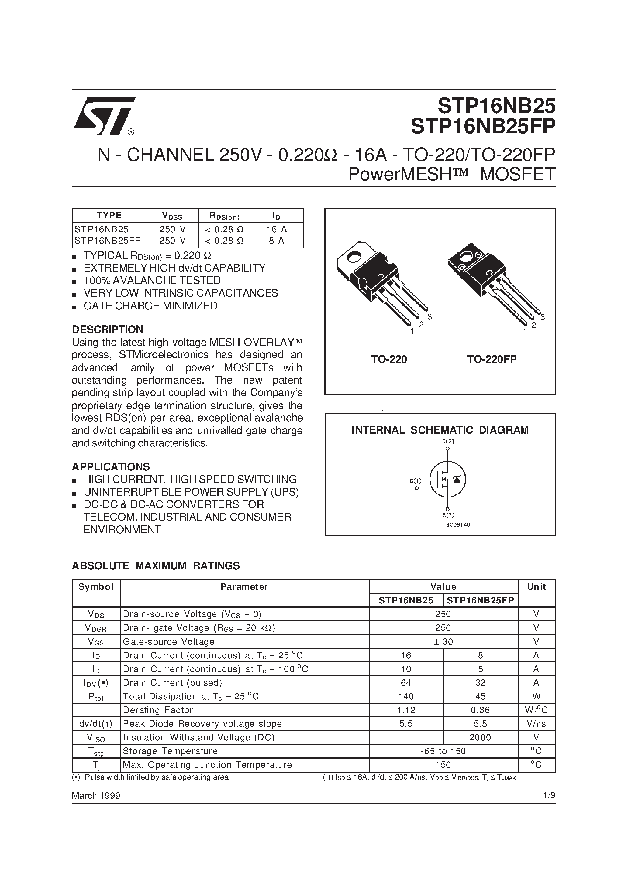 Datasheet STP16NB25 - N-CHANNEL Power MOSFET page 1