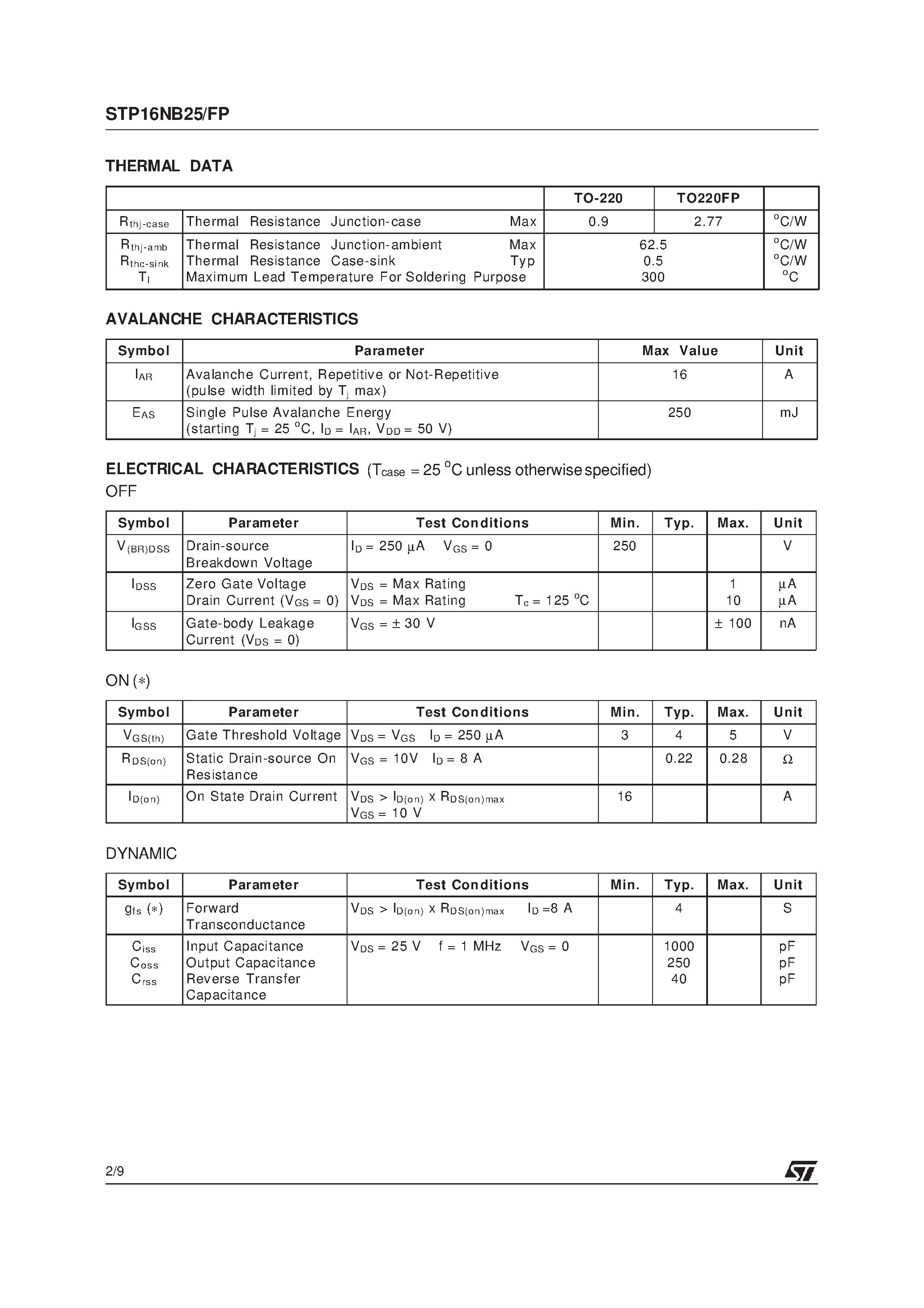 Datasheet STP16NB25 - N-CHANNEL Power MOSFET page 2