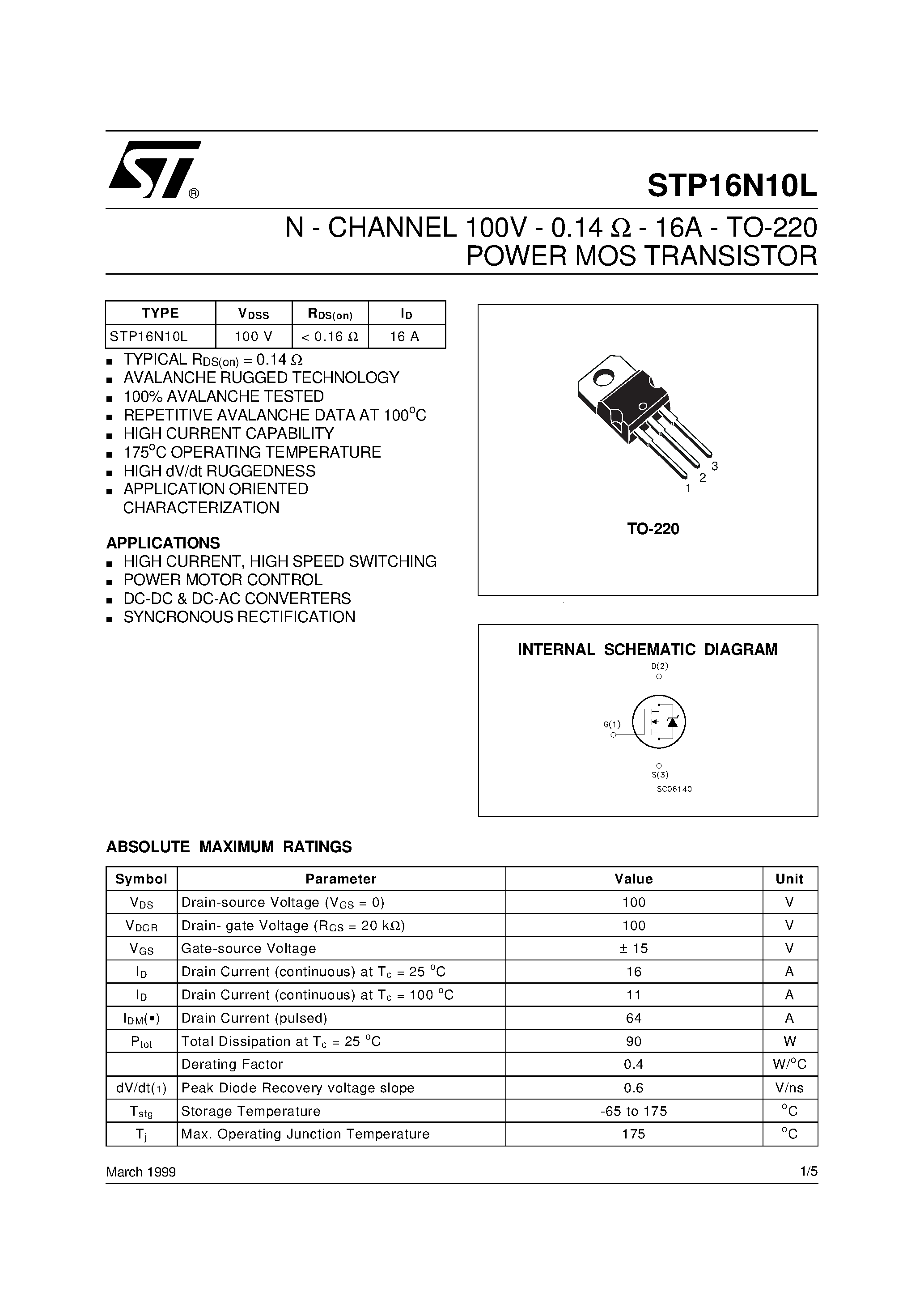 Datasheet STP16N10L - N-CHANNEL Power MOSFET page 1