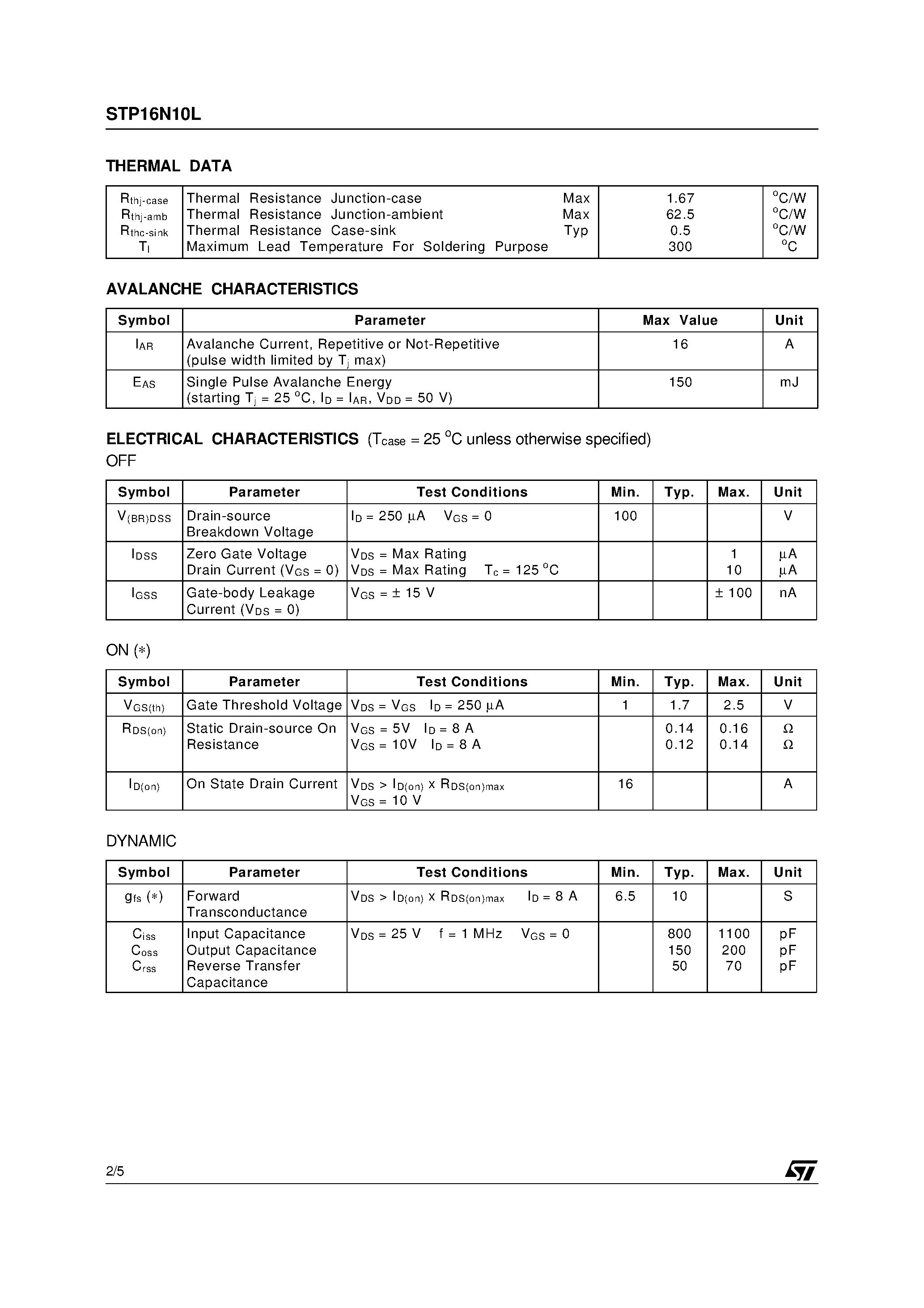 Datasheet STP16N10L - N-CHANNEL Power MOSFET page 2