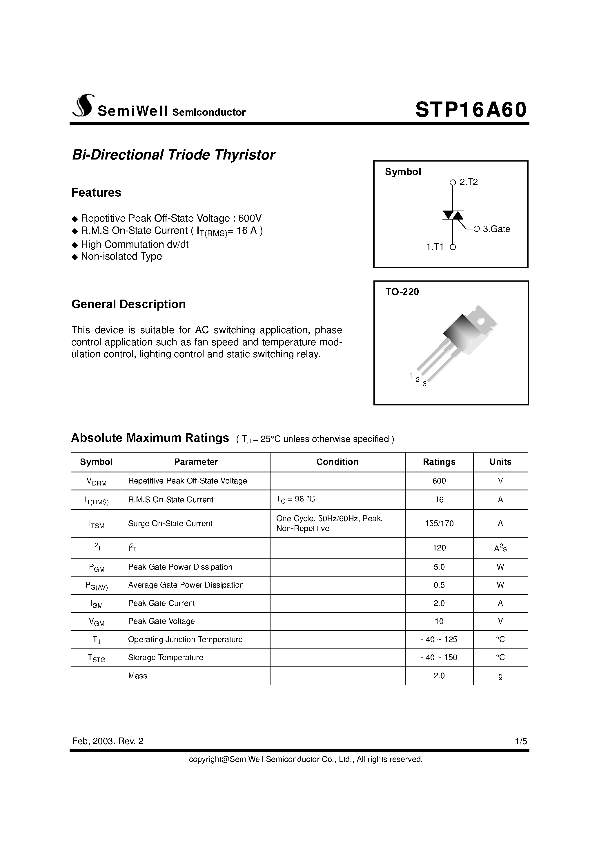 Даташит STP16A60 - Bi-Directional Triode Thyristor страница 1