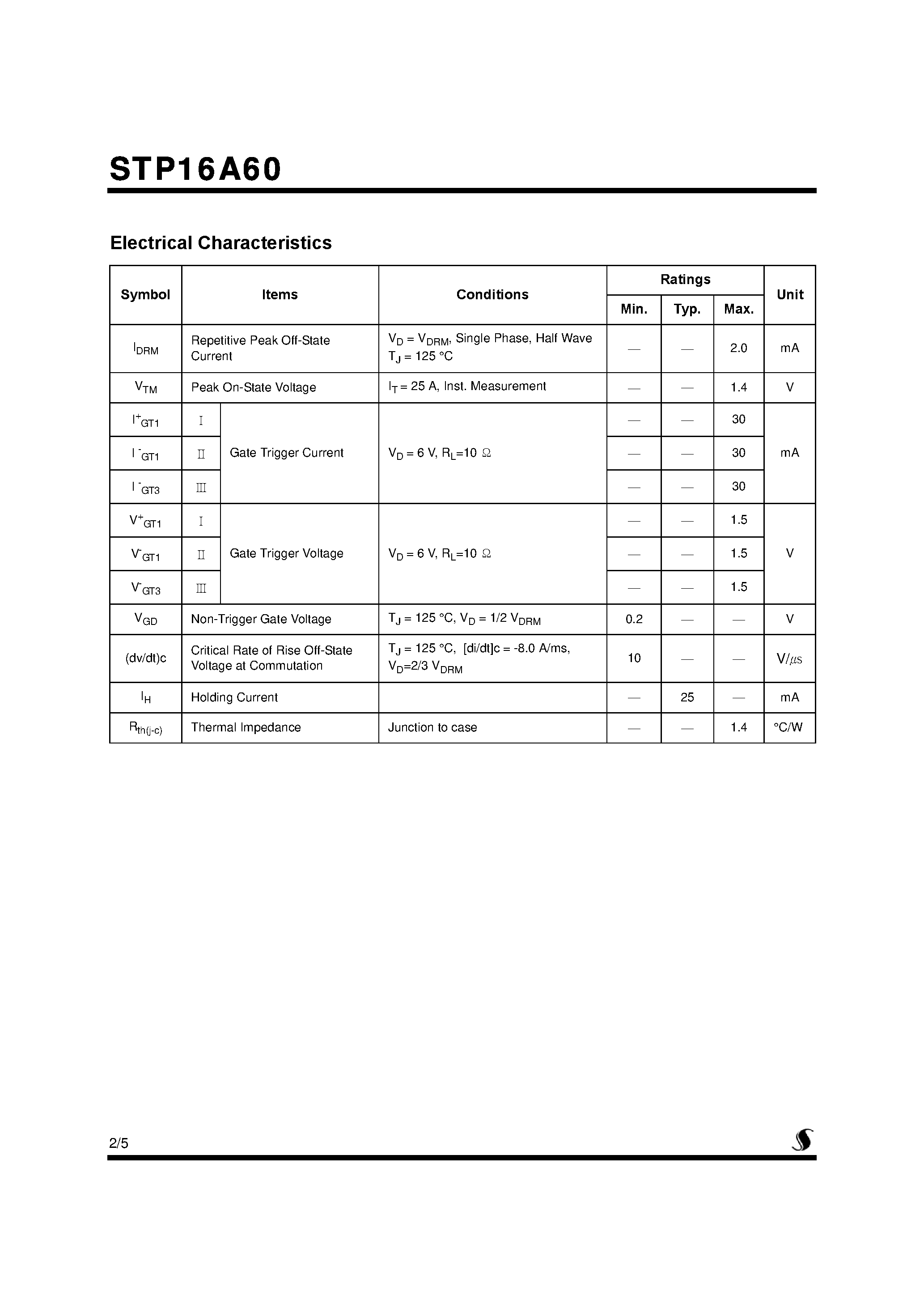 Даташит STP16A60 - Bi-Directional Triode Thyristor страница 2