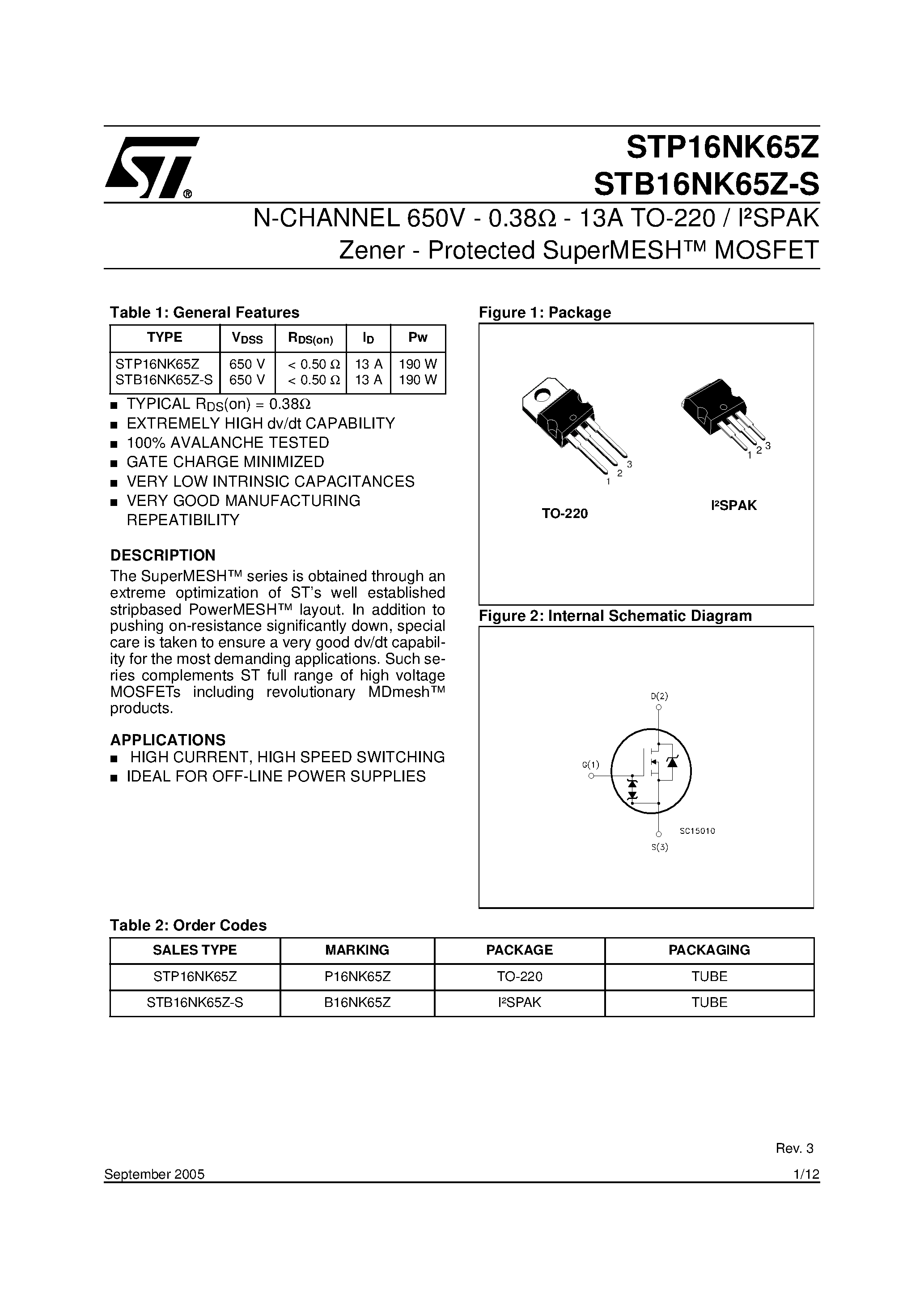 Даташит STP16NK65Z - N-CHANNEL 650V-0.38OHM-13A TO-220 I2SPAK Zener - Protected SuperMESH MOSFET страница 1