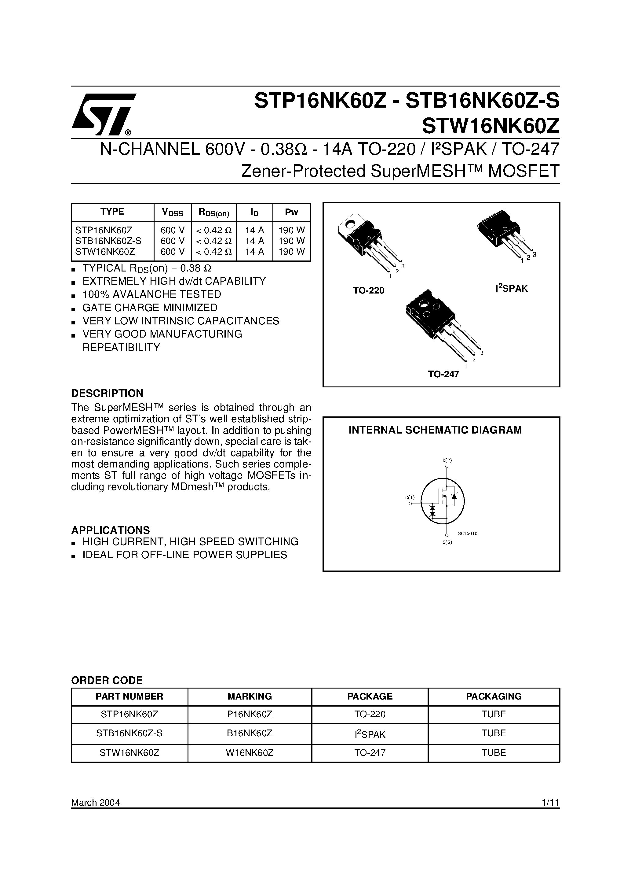 Даташит STP16NK60Z - N-CHANNEL MOSFET страница 1