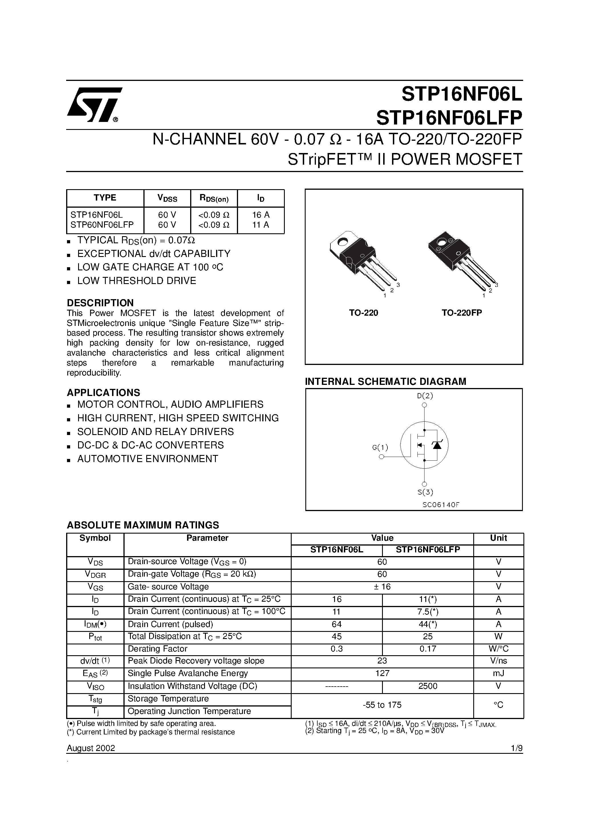 Даташит STP16NF06L - N-CHANNEL Power MOSFET страница 1