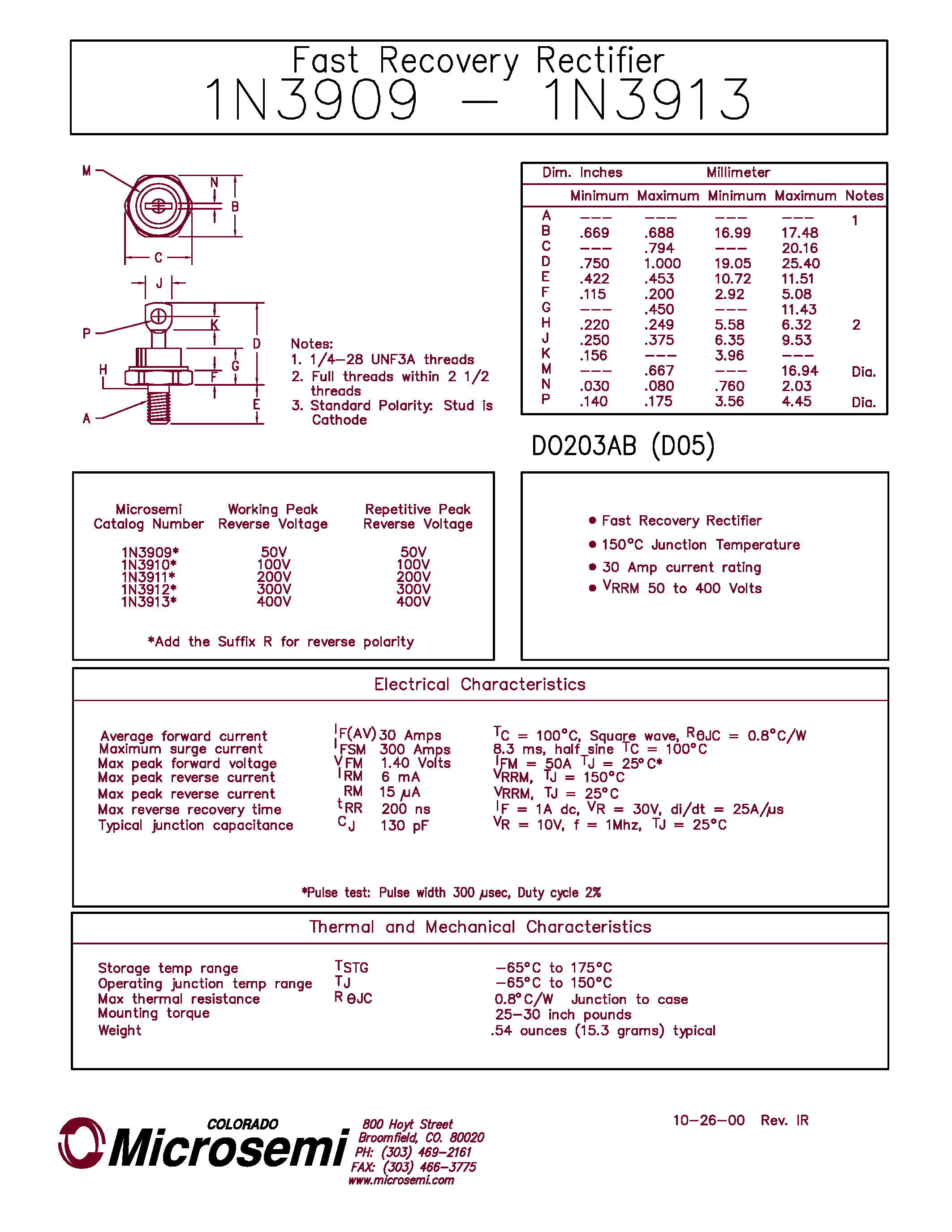 Datasheet 1N3909 - (1N3909 - 1N3913) Fast Recovery Rectifier page 1