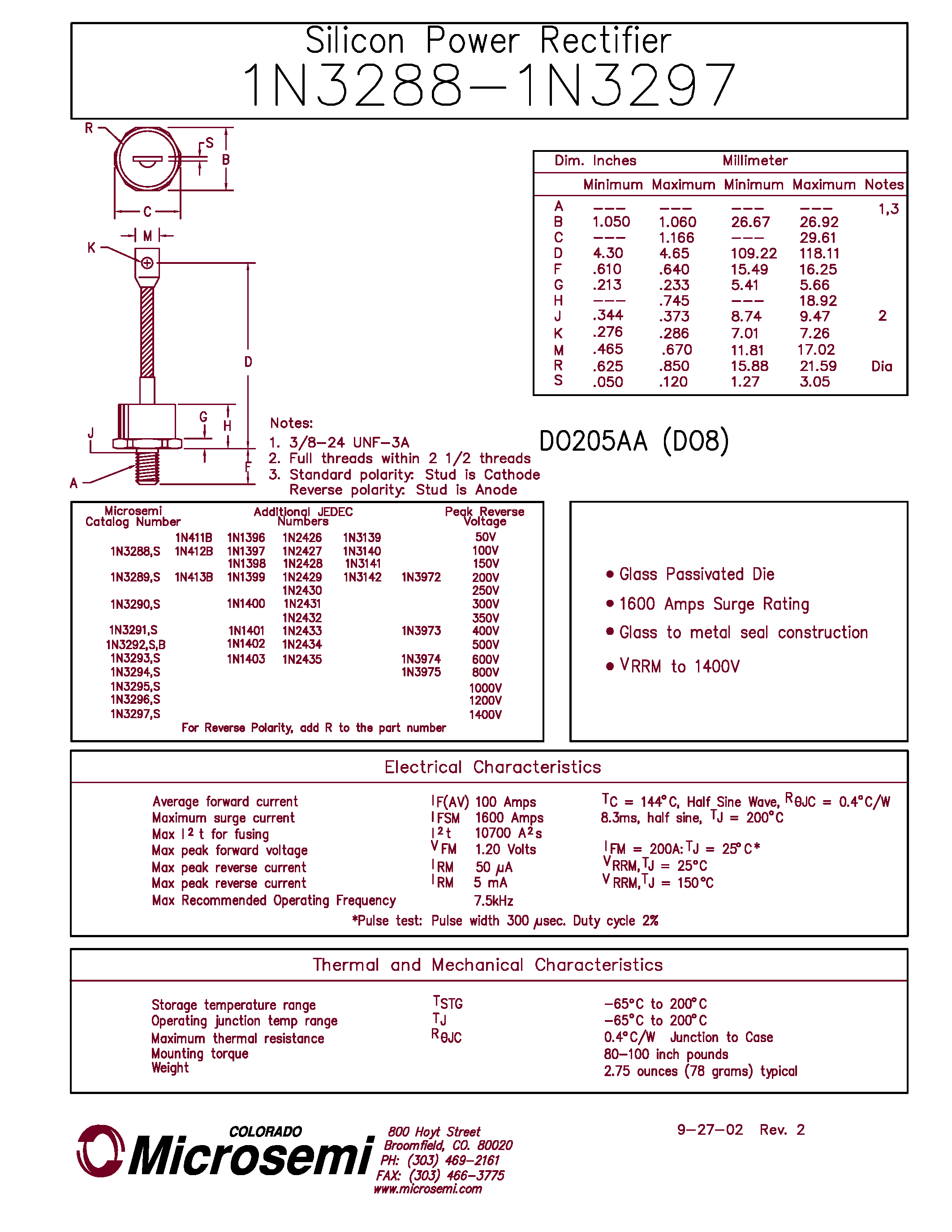 Datasheet 1N3288 - (1N3288 - 1N3297) SILICON POWER RECTIFIER page 1