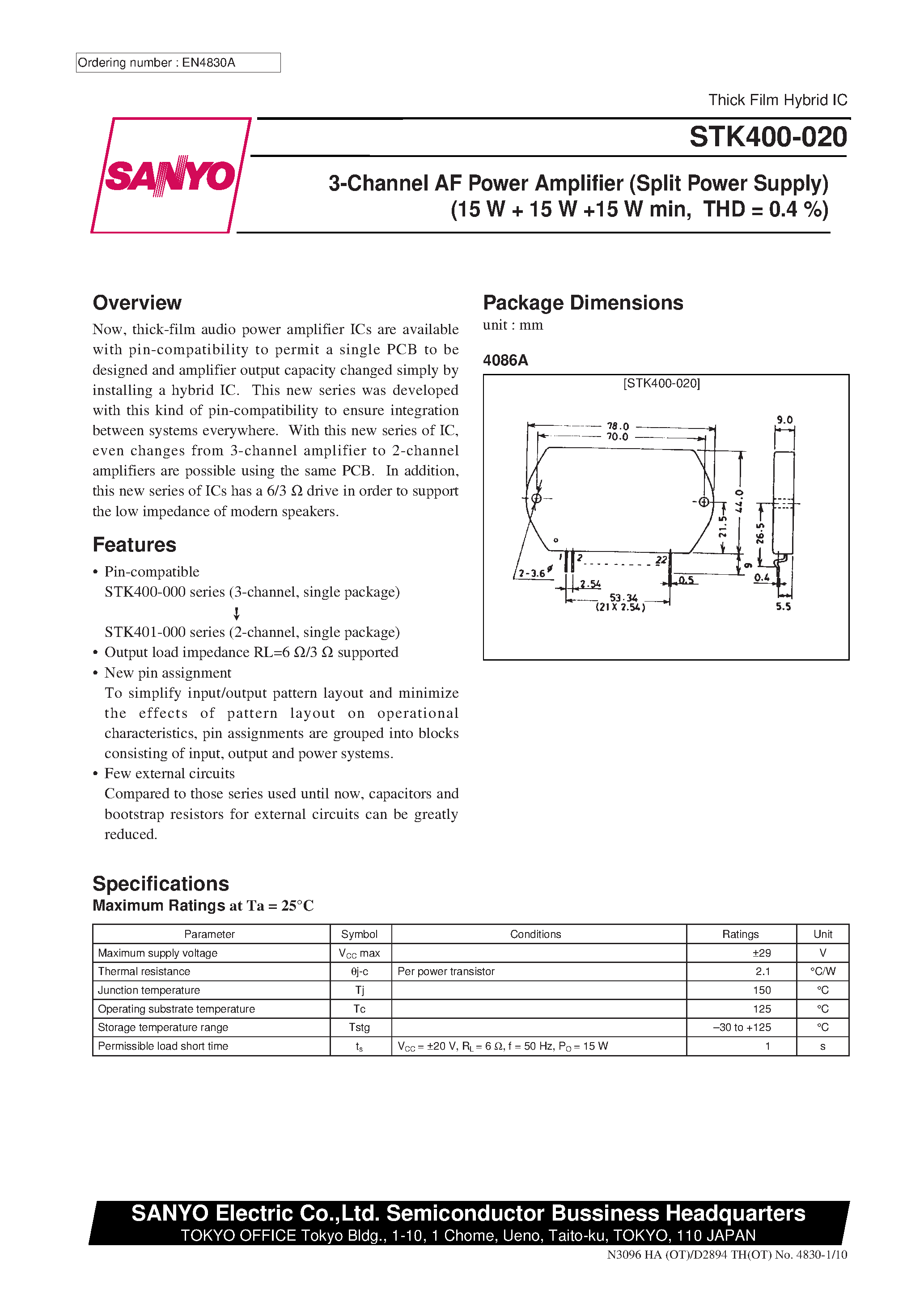 Datasheet STK400-020 - -Channel AF Power Amplifier page 1