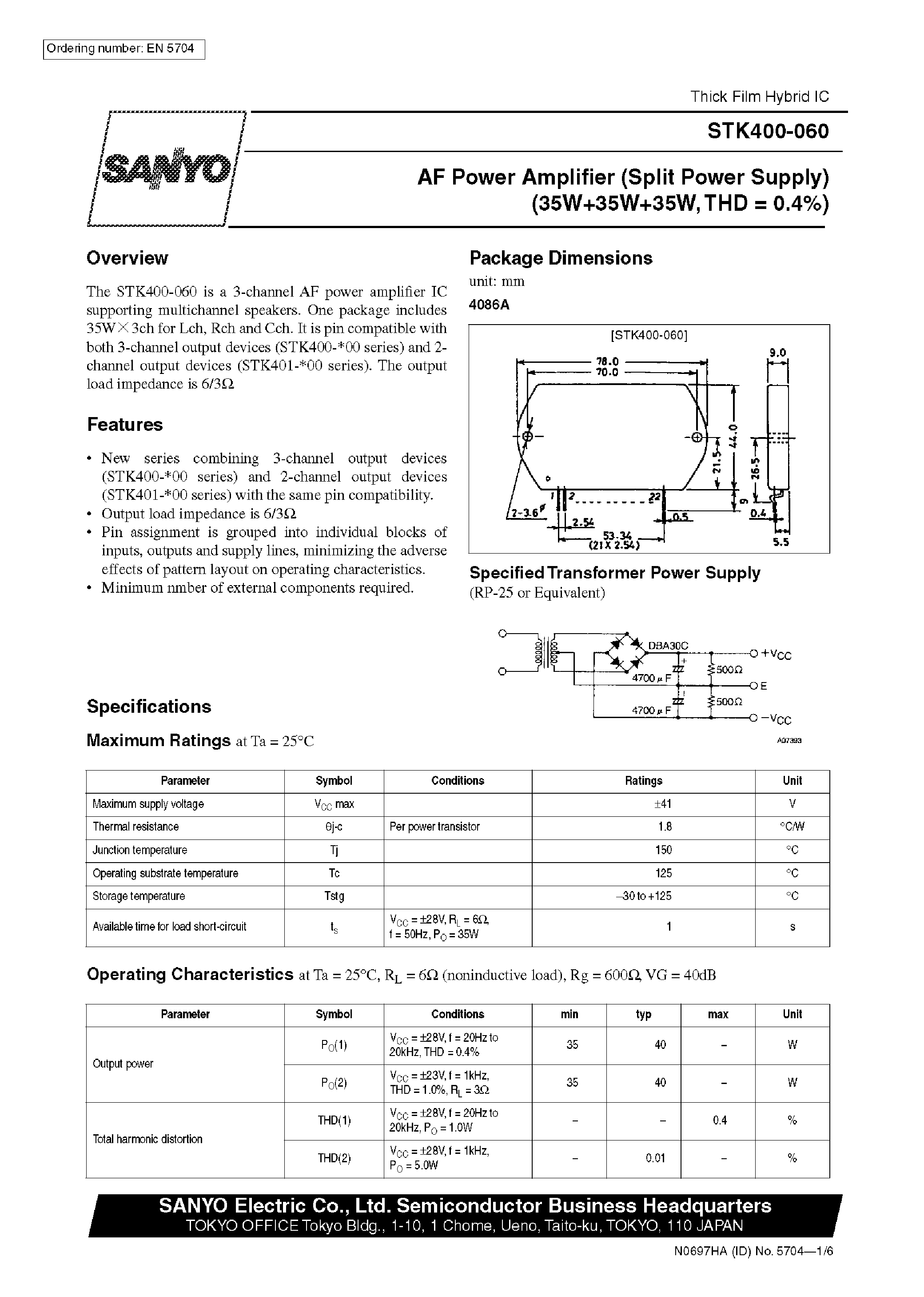 Datasheet STK400-060 - AF Power Amplifier page 1