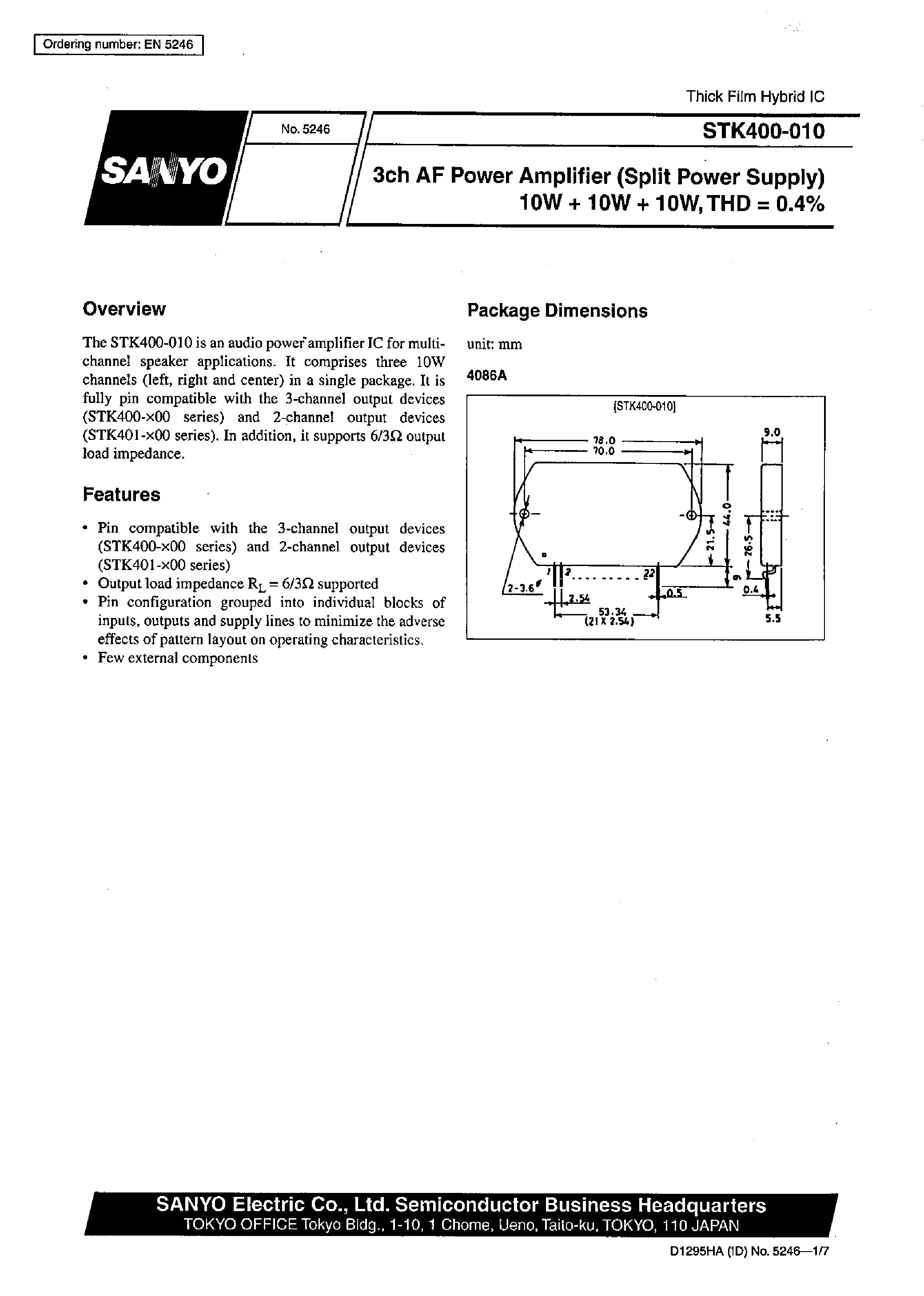 Datasheet STK400-010 - 3ch AF Power Amplifier page 1