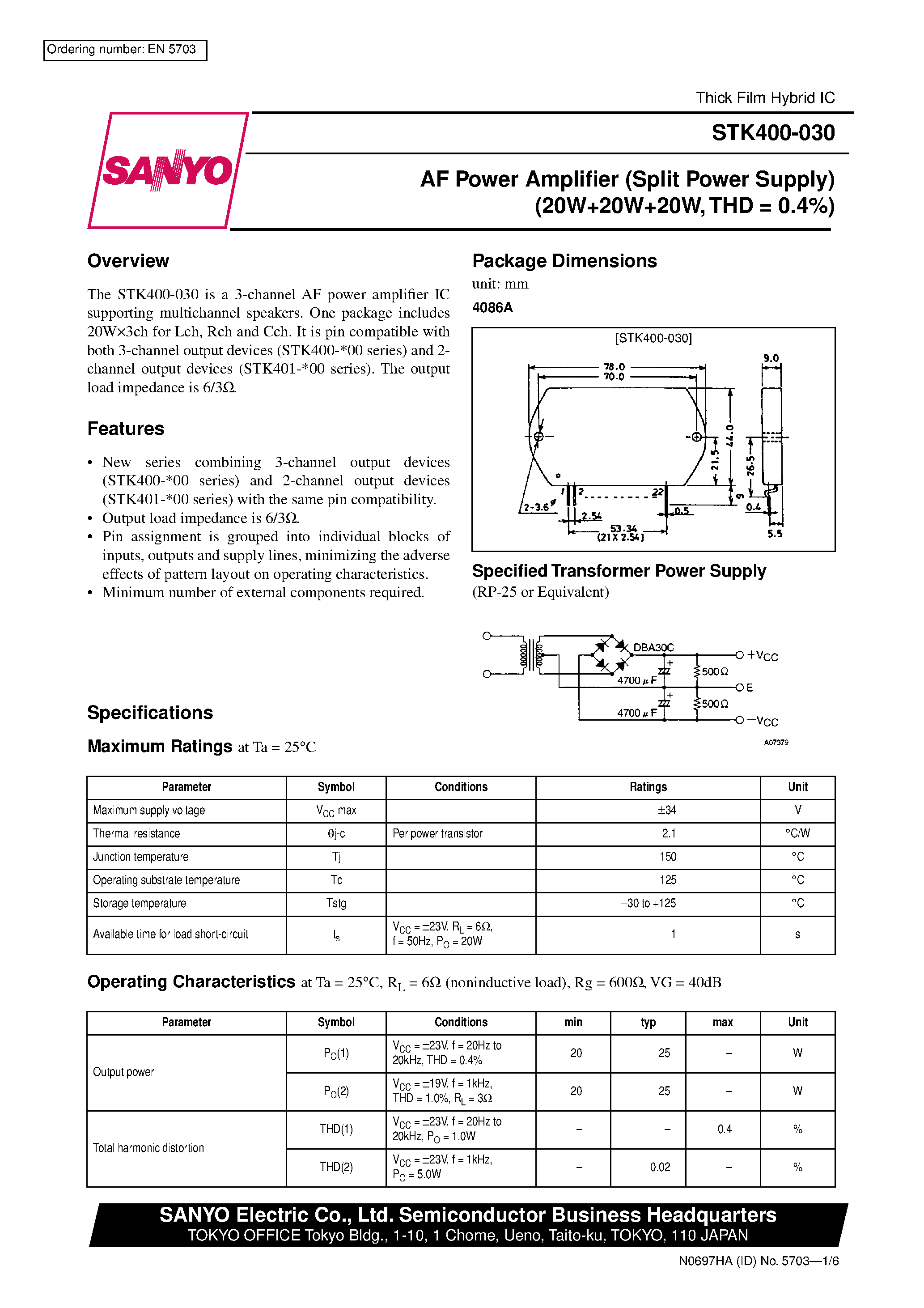 Datasheet STK400-030 - AF Power Amplifier page 1