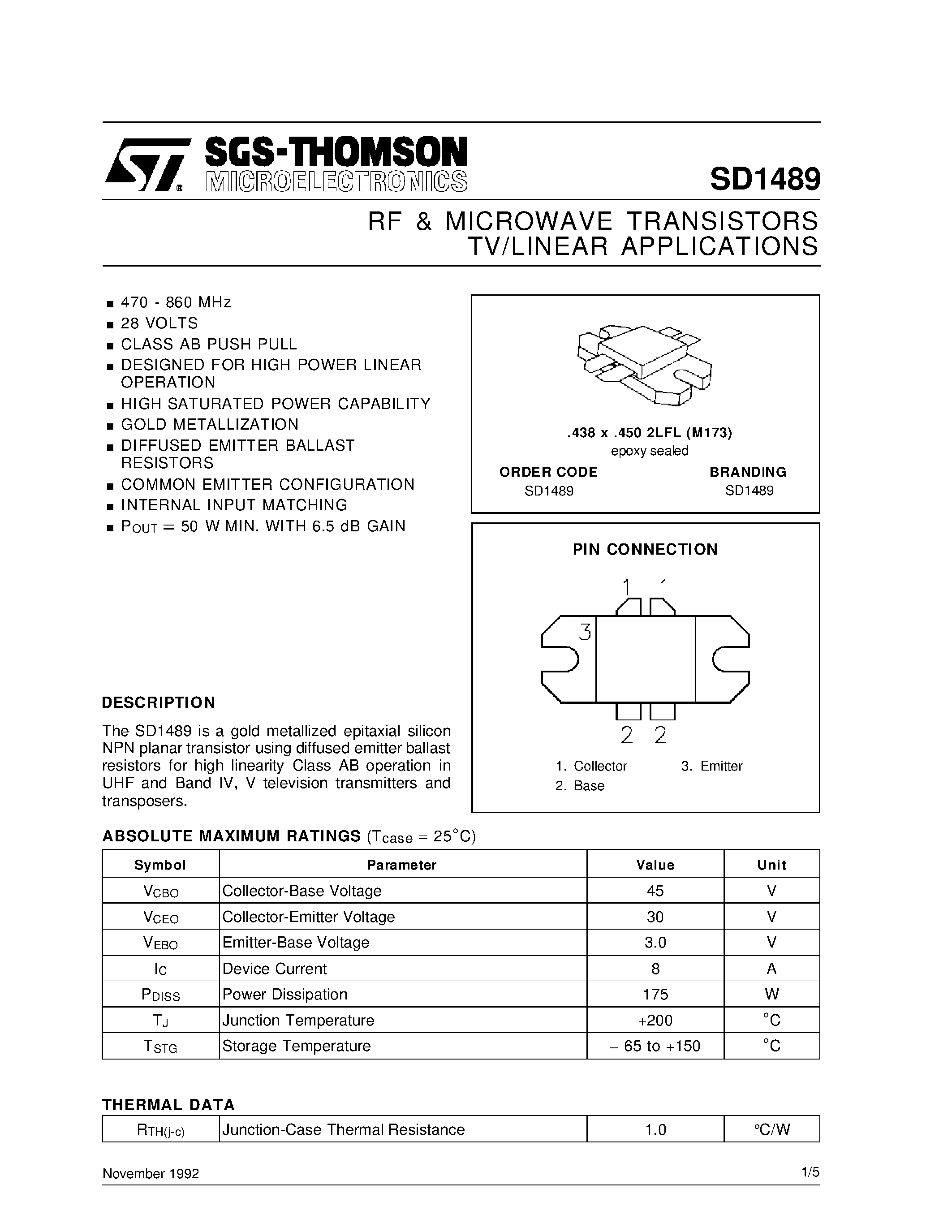 Datasheet SD1489 - RF & MICROWAVE TRANSISTORS TV/LINEAR APPLICATIONS page 1