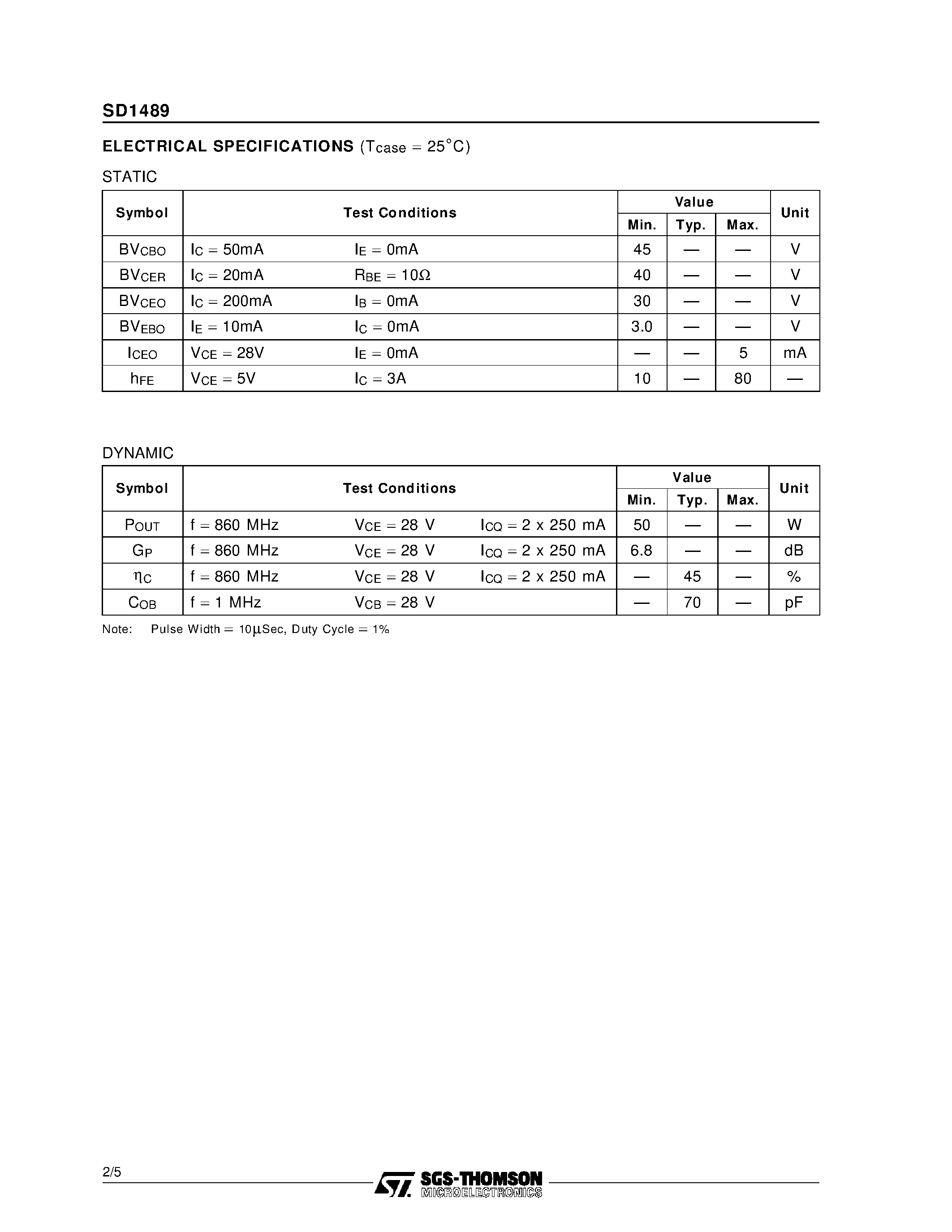 Datasheet SD1489 - RF & MICROWAVE TRANSISTORS TV/LINEAR APPLICATIONS page 2