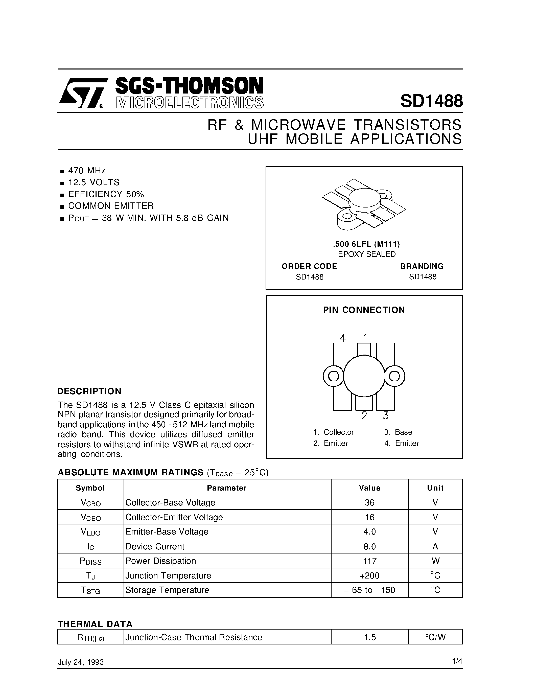 Datasheet SD1488 - RF & MICROWAVE TRANSISTORS UHF MOBILE APPLICATIONS page 1