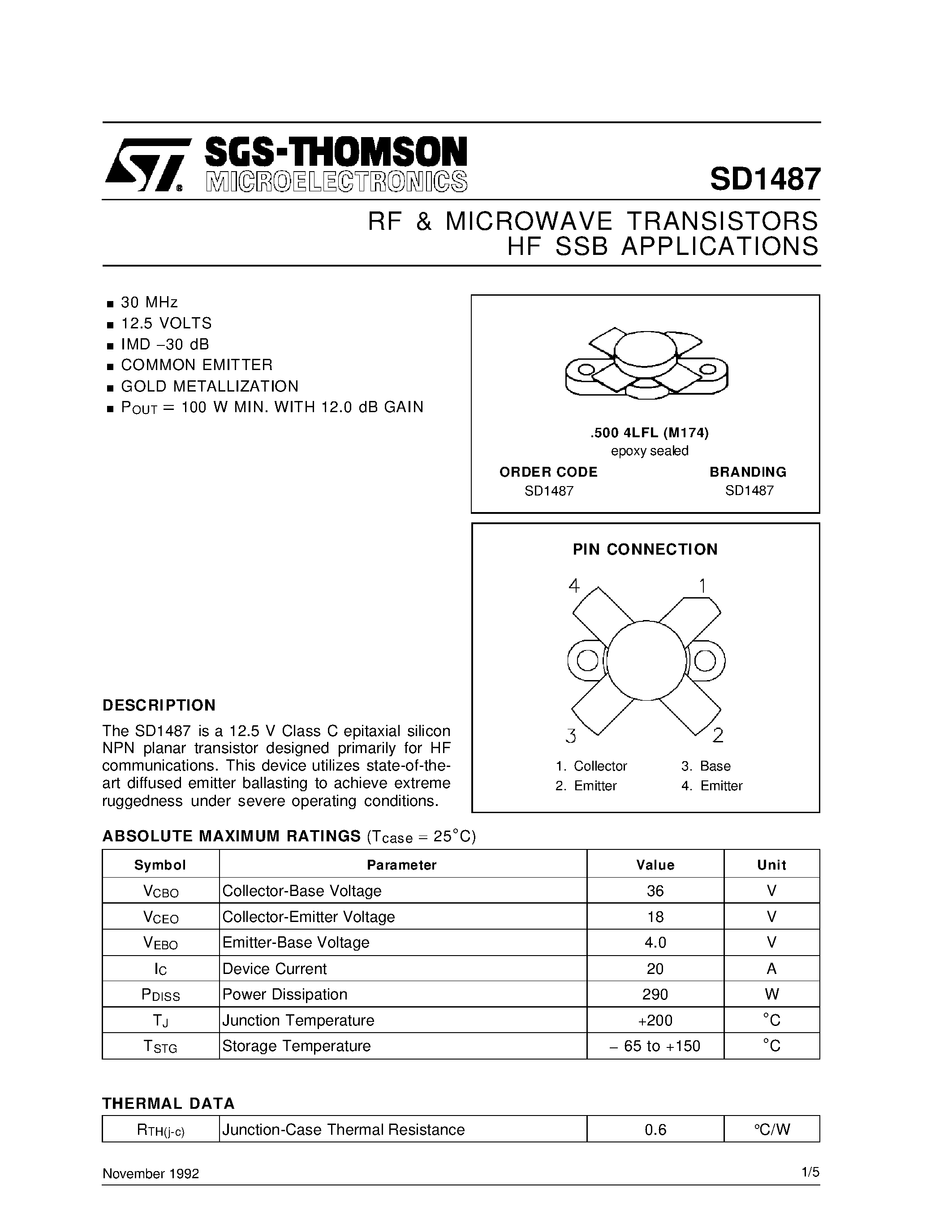 Datasheet SD1487 - RF & MICROWAVE TRANSISTORS HF SSB APPLICATIONS page 1