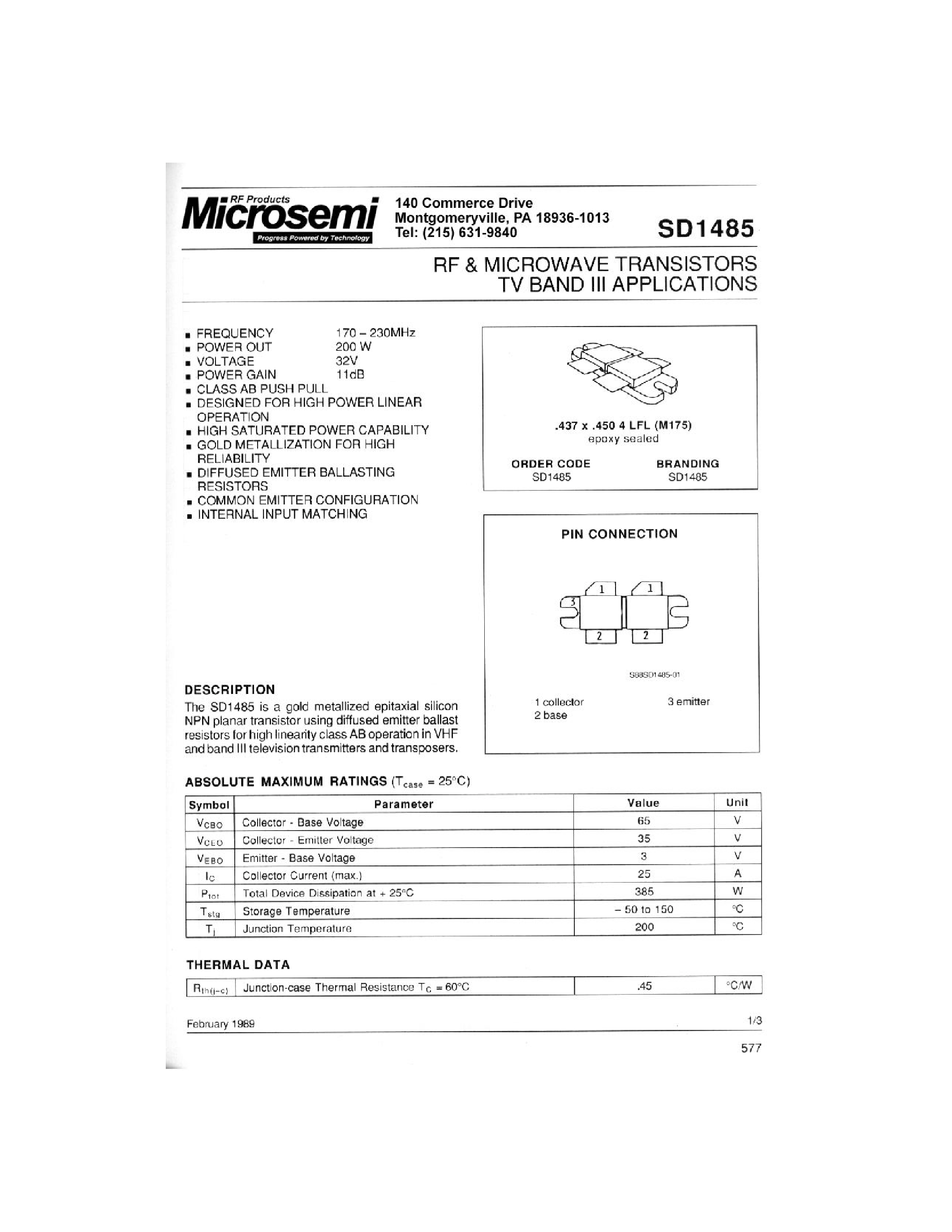 Даташит SD1485 - RF & MICROWAVE TRANSISTORS TV BAND III APPLICATIONS страница 1