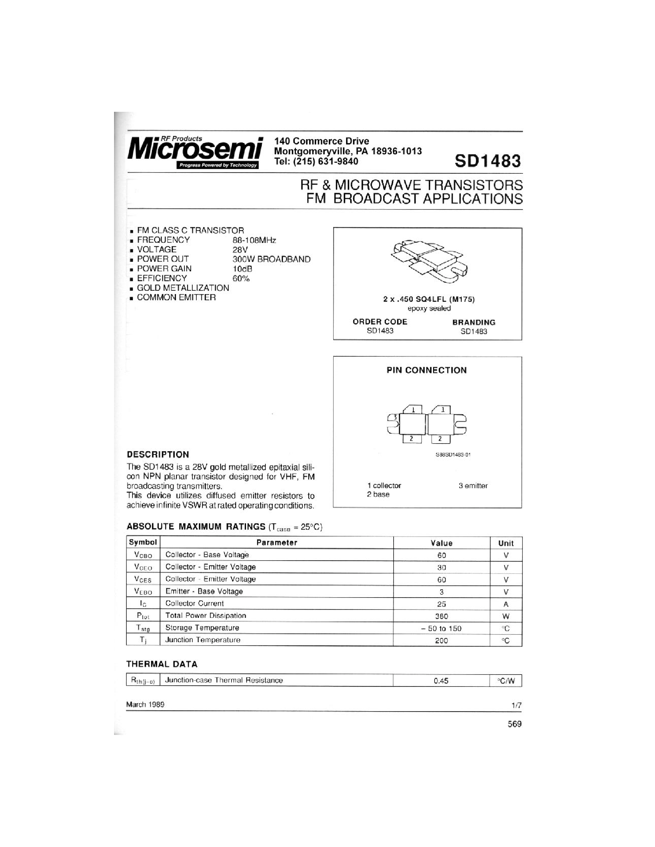 Datasheet SD1483 - RF & MICROWAVE TRANSISTORS FM BROADCAST APPLICATIONS page 1