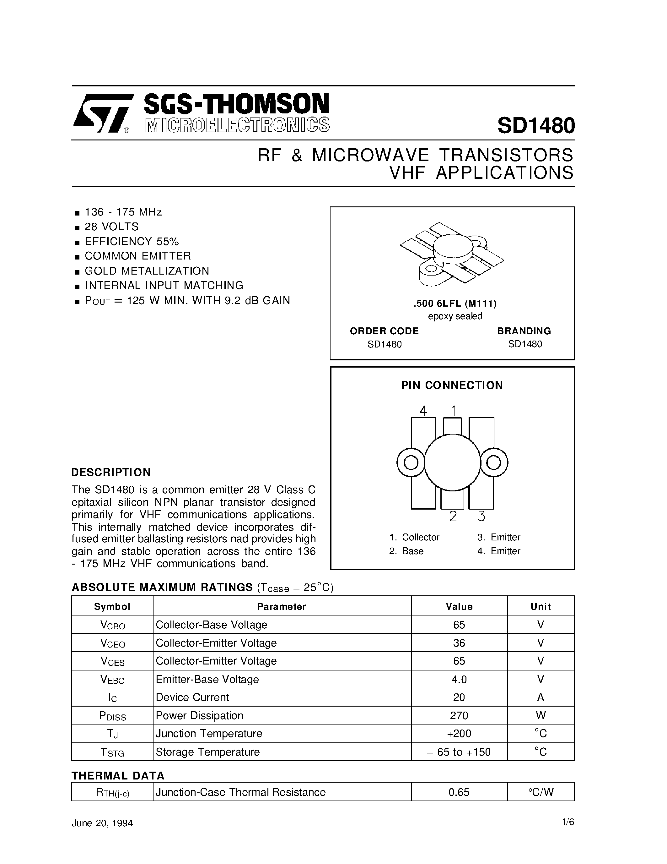 Datasheet SD1480 - RF & MICROWAVE TRANSISTORS VHF APPLICATIONS page 1