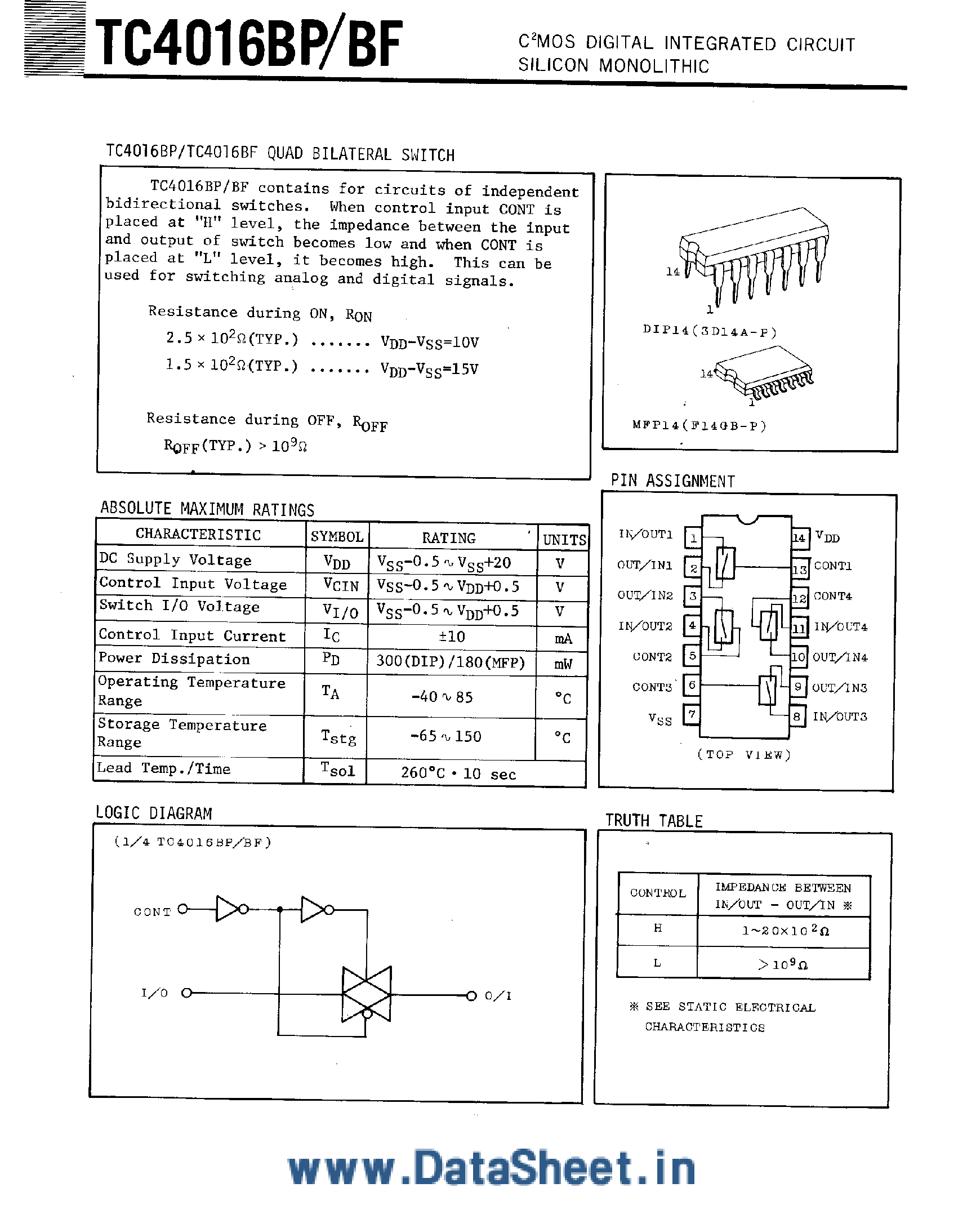 Даташит TC4016BF - Quad Bilateral Switch страница 1