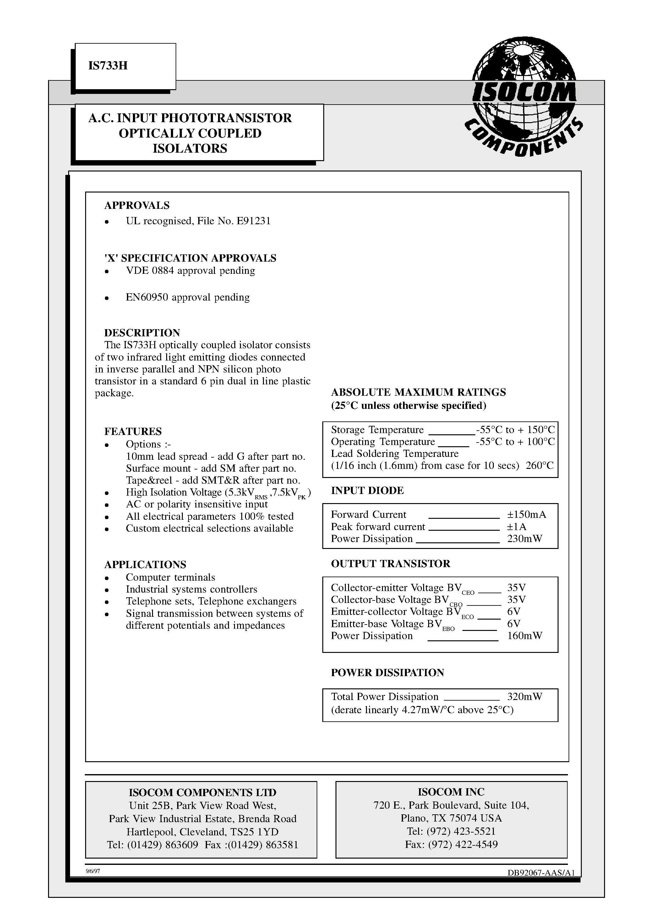 Datasheet IS733H - A.C. INPUT PHOTOTRANSISTOR OPTICALLY COUPLED ISOLATORS page 1