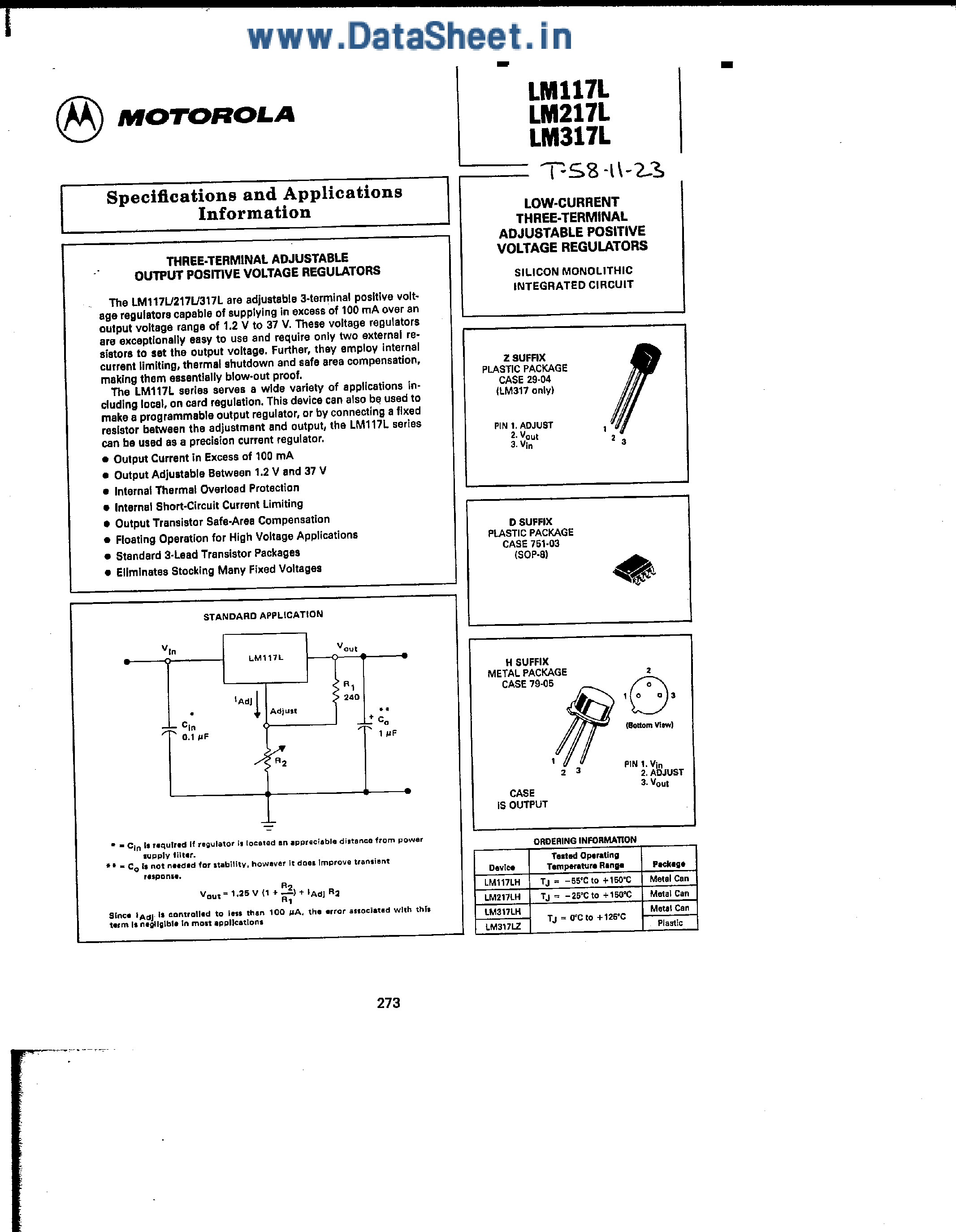 Даташит LM317L - LOW CURRENT THREE-TERMINAL ADJUSTABLE POSITIVE VOLTAGE REGULATOR страница 1