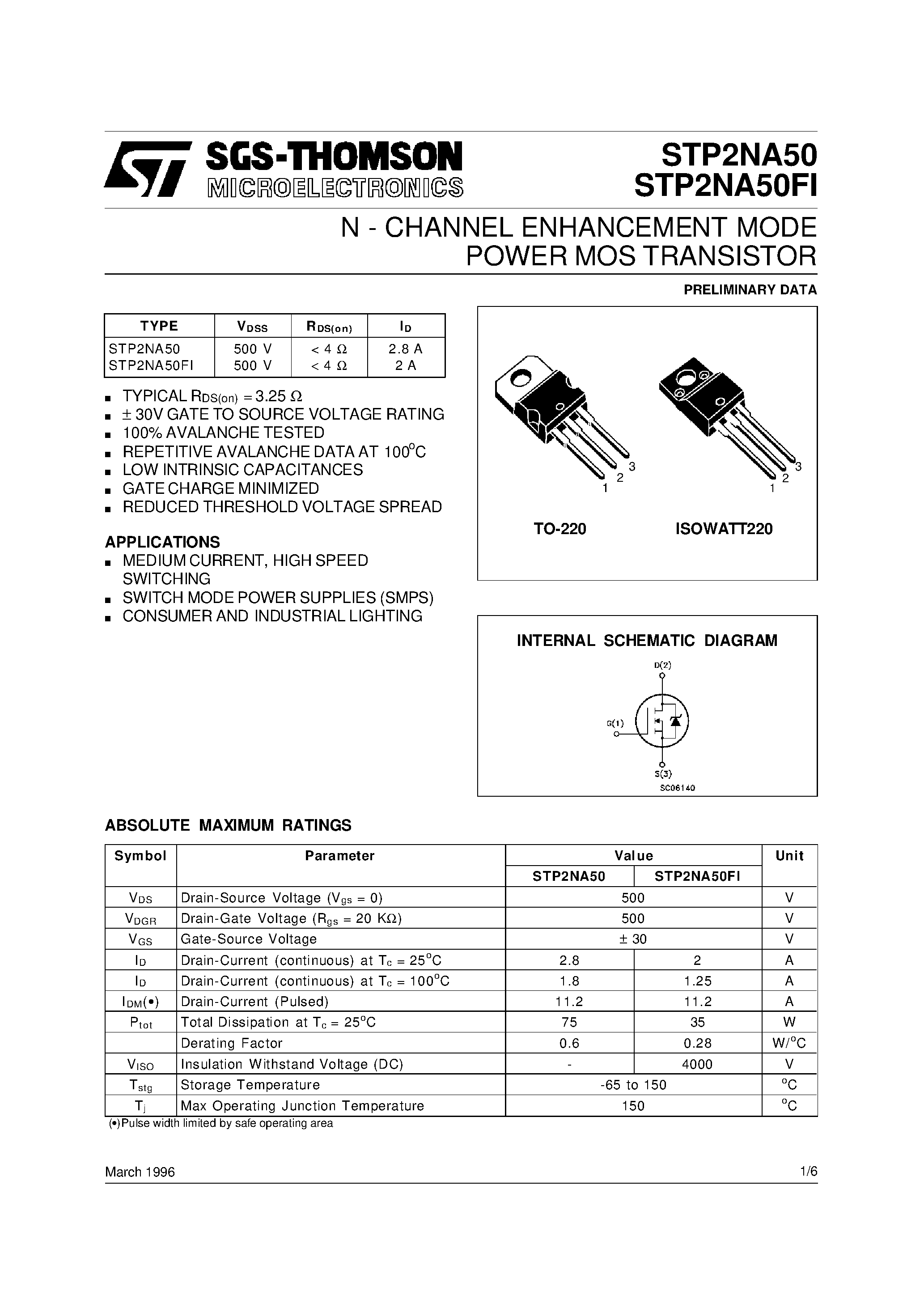 Даташит STP2NA50 - N - CHANNEL ENHANCEMENT MODE POWER MOS TRANSISTOR страница 1