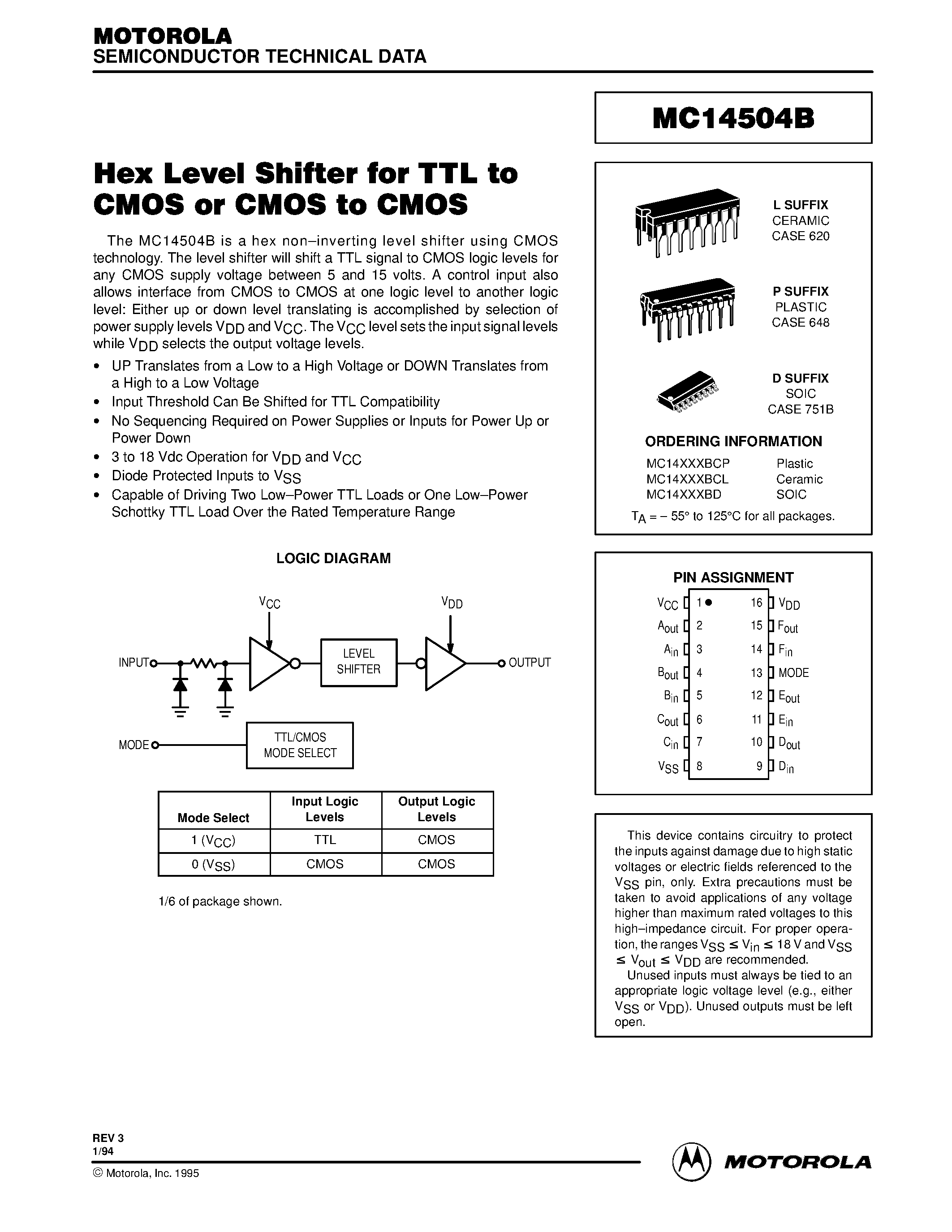 Даташит MC14504B - Hex Level Shifter for TTL to CMOS or CMOS to CMOS страница 1