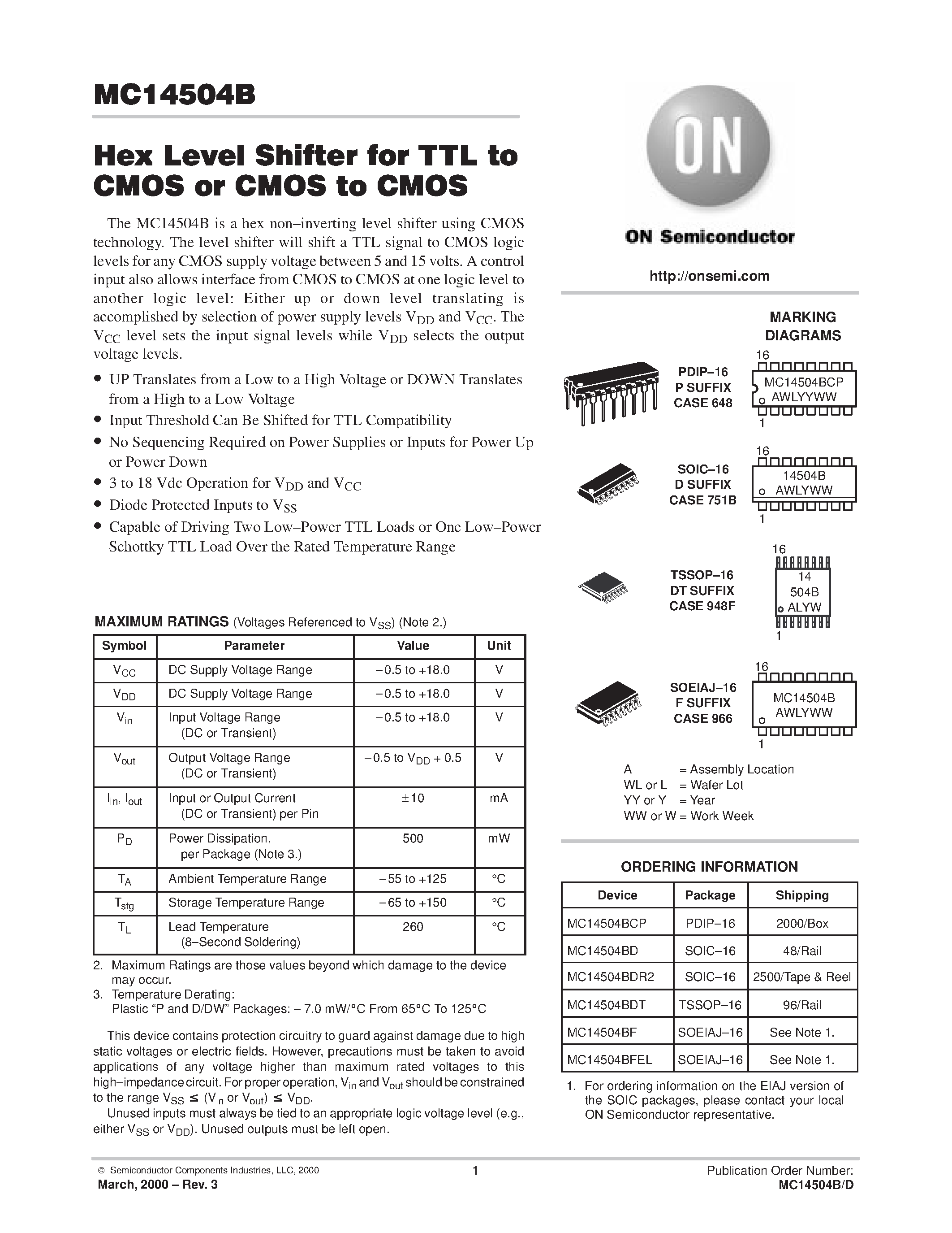 Даташит MC14504B - Hex Level Shifter for TTL to CMOS or COMS to CMOS страница 1