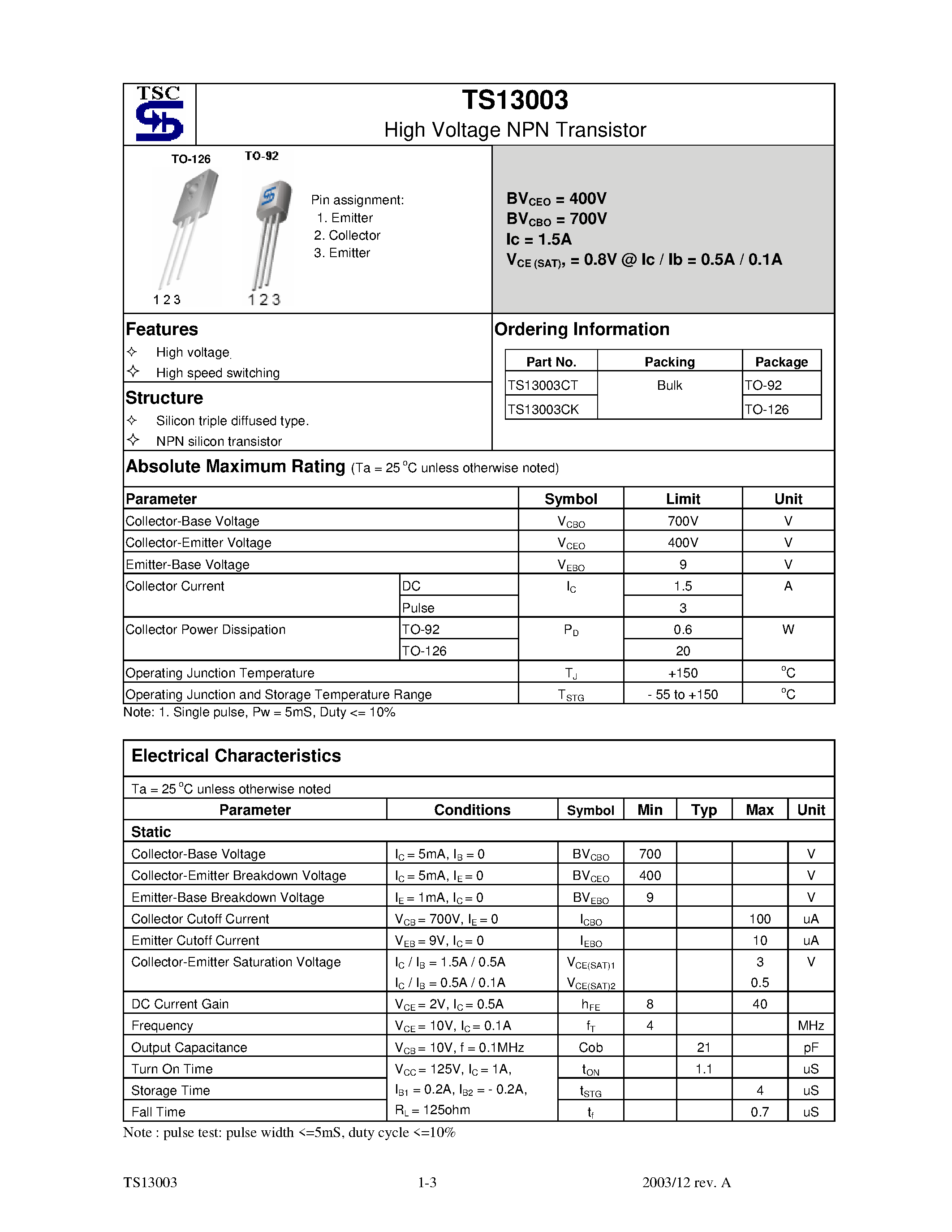 Datasheet TS13003 - High Voltage NPN Transistor page 1