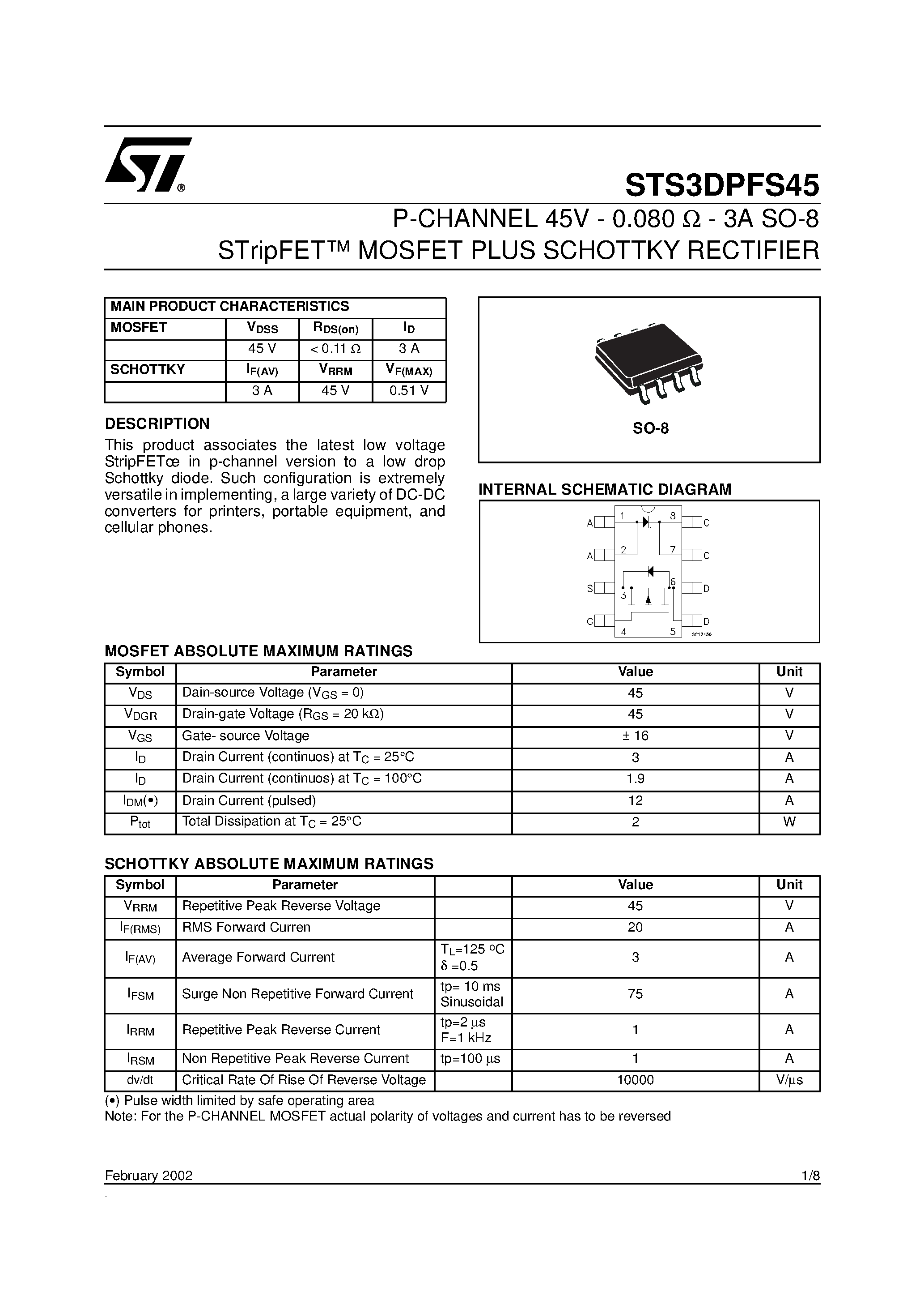 Даташит STS3DPFS45 - P-CHANNEL MOSFET PLUS SCHOTTKY RECTIFIER страница 1