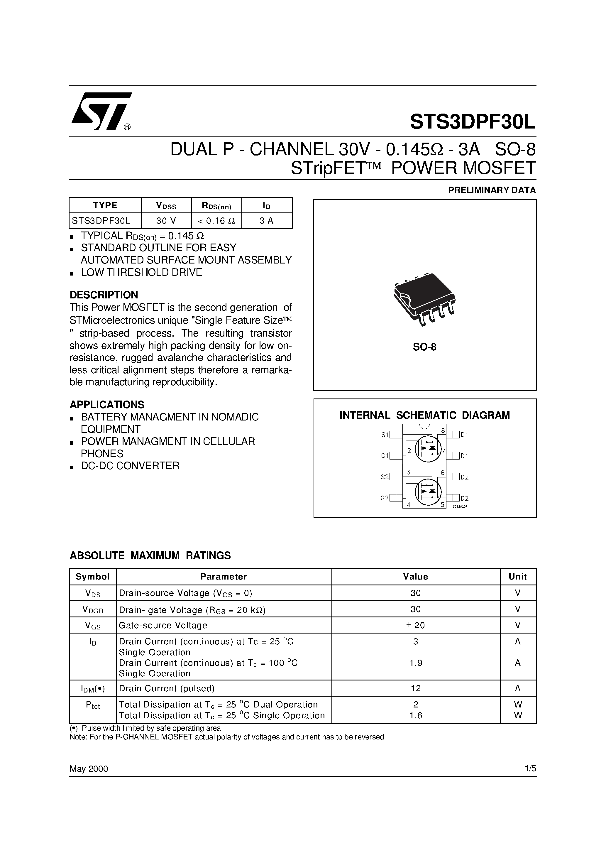 Даташит STS3DPF30L - DUAL P - CHANNEL STripFETO POWER MOSFET страница 1