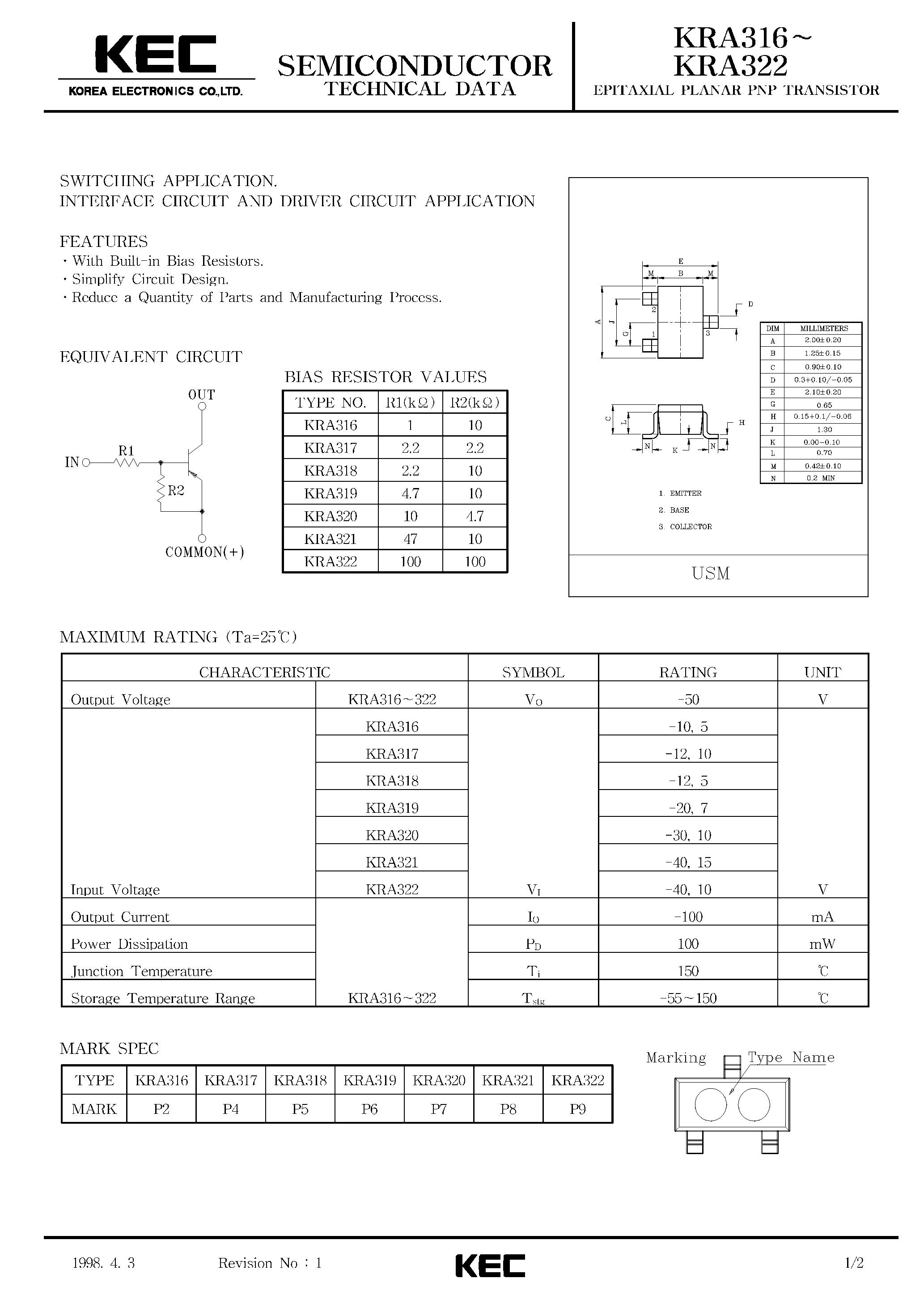 Даташит KRA316 - (KRA316 - KRA322) EPITAXIAL PLANAR PNP TRANSISTOR страница 1