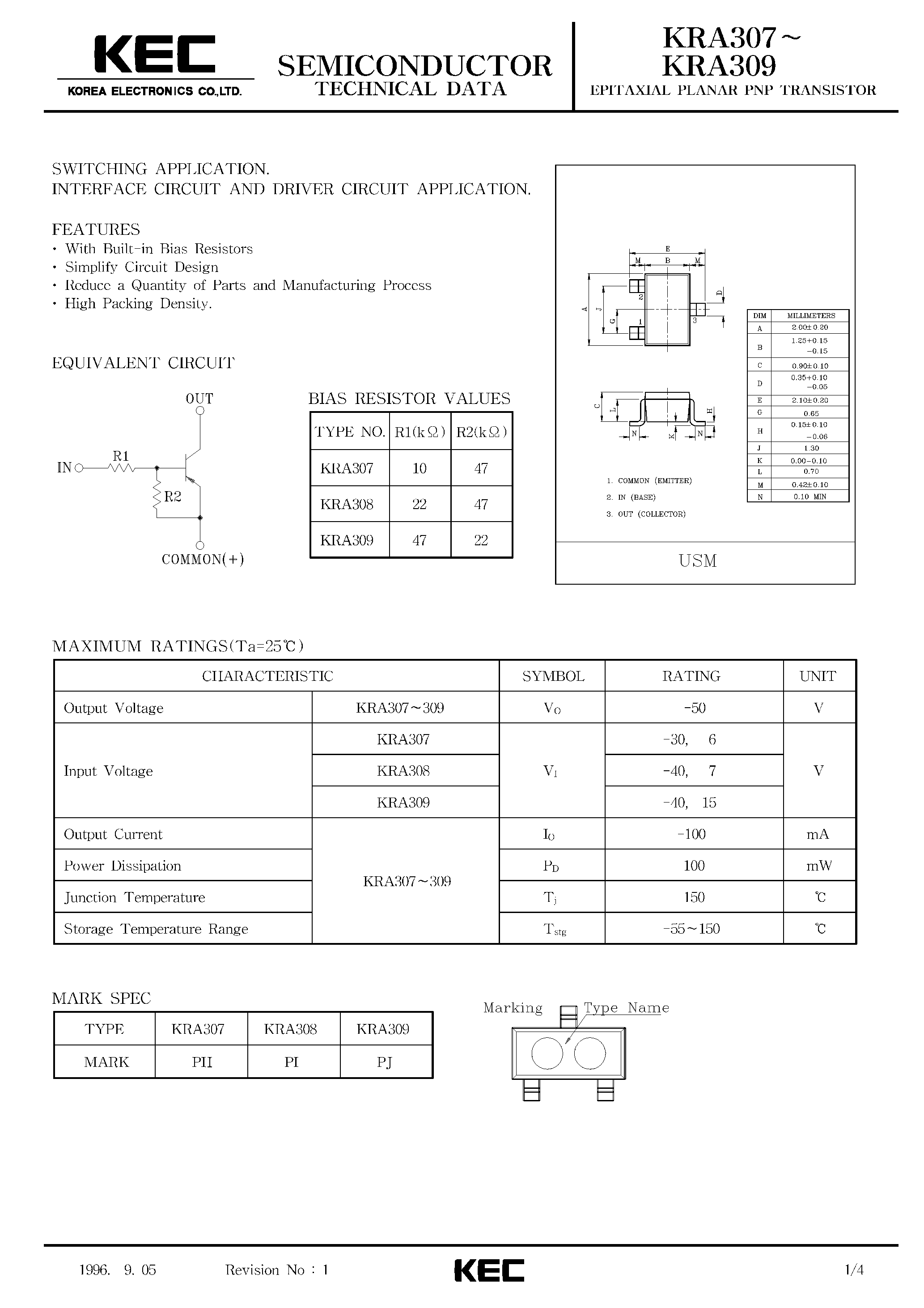 Даташит KRA307 - (KRA307 - KRA309) EPITAXIAL PLANAR PNP TRANSISTOR страница 1