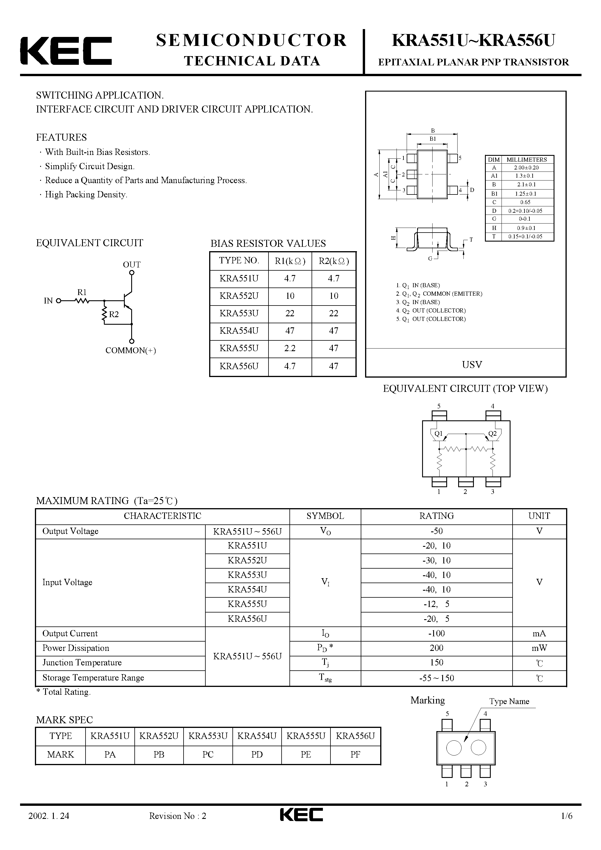 Даташит KRA551U - (KRA551U - KRA556U) EPITAXIAL PLANAR PNP TRANSISTOR страница 1