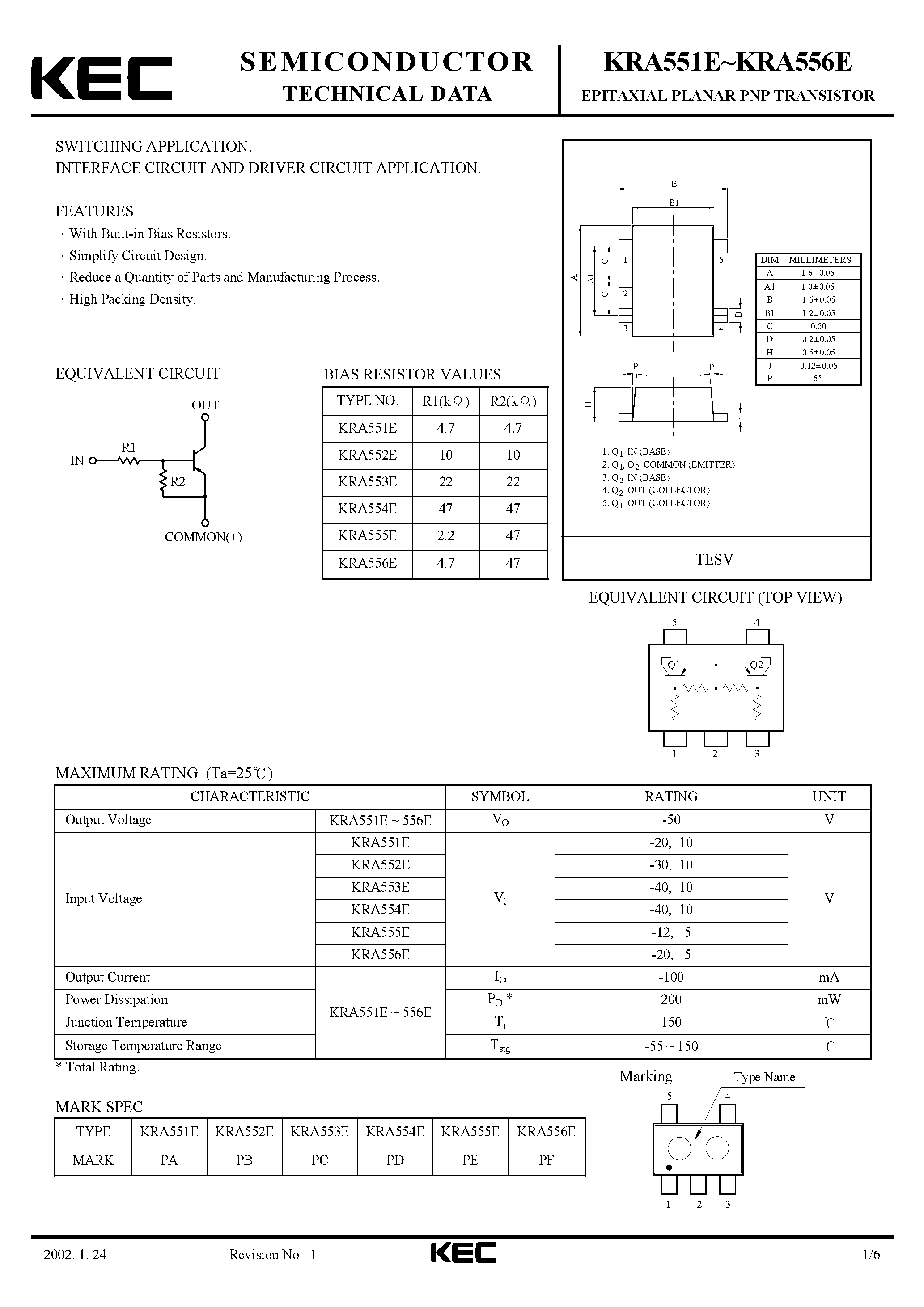 Даташит KRA551E - (KRA551E - KRA556E) EPITAXIAL PLANAR PNP TRANSISTOR страница 1