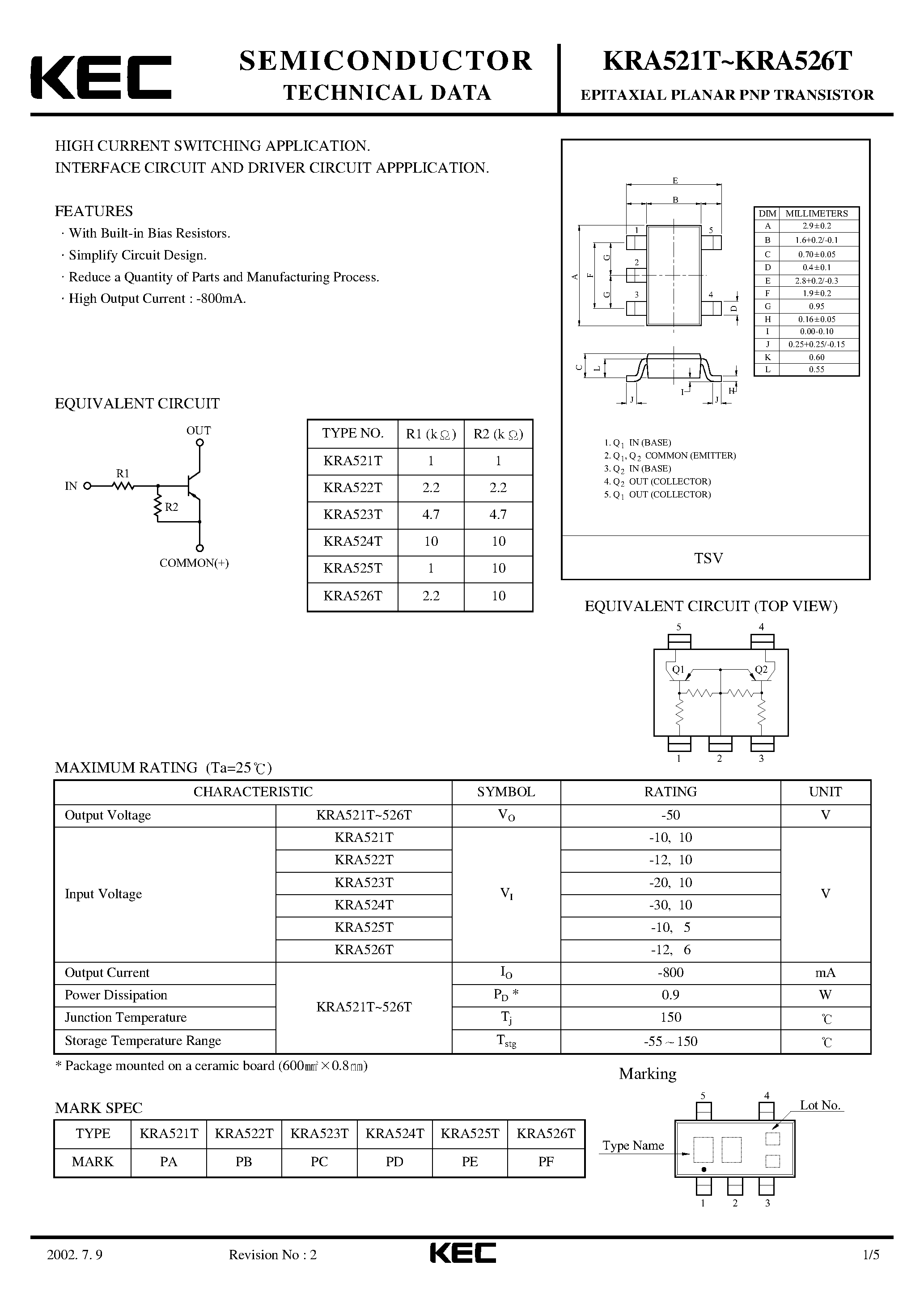 Даташит KRA521T - (KRA521T - KRA526T) EPITAXIAL PLANAR PNP TRANSISTOR страница 1