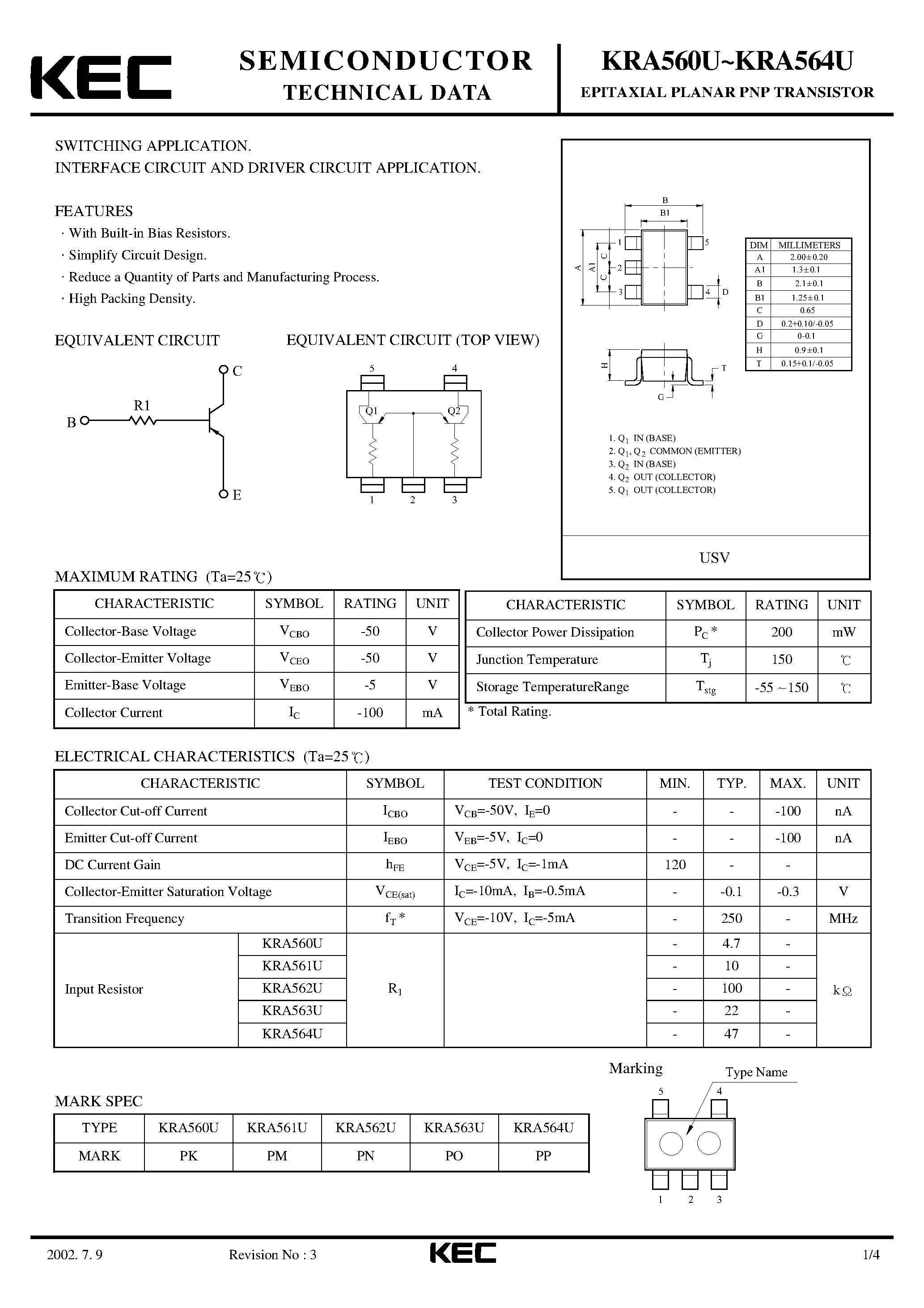 Даташит KRA560U - (KRA560U - KRA564U) EPITAXIAL PLANAR PNP TRANSISTOR страница 1