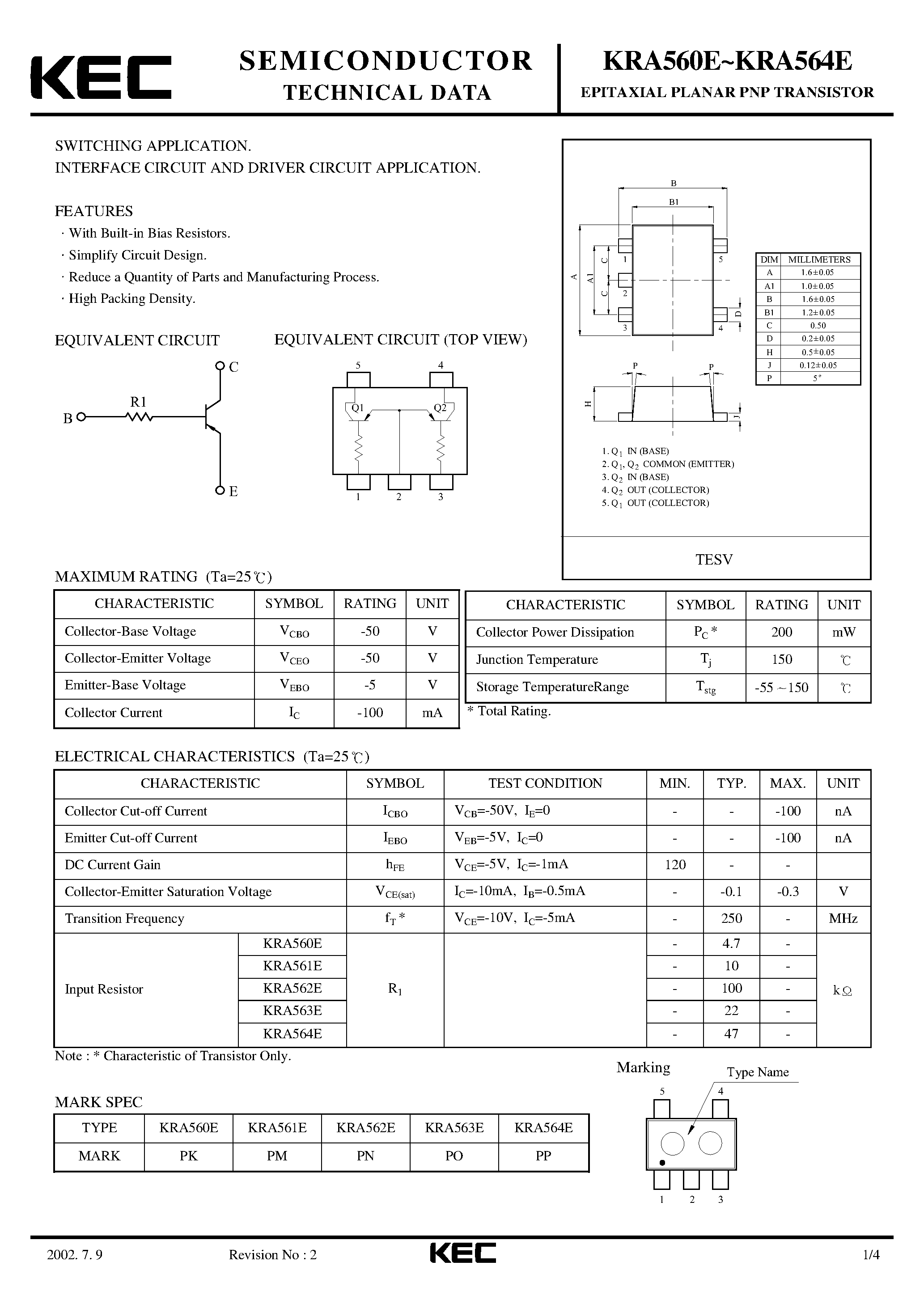 Даташит KRA560E - (KRA560E - KRA564E) EPITAXIAL PLANAR PNP TRANSISTOR страница 1