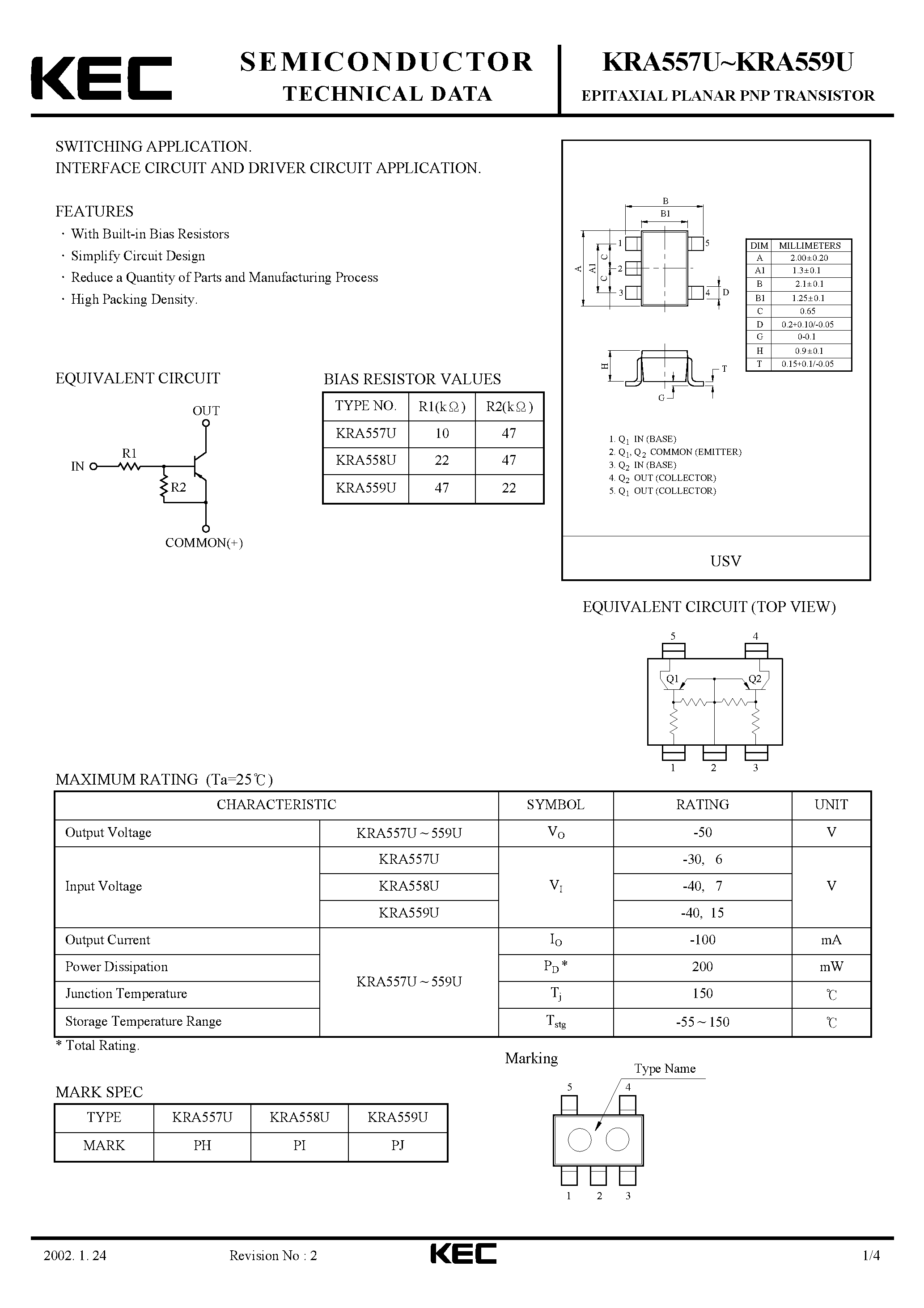 Datasheet KRA557U - (KRA557U - KRA559U) EPITAXIAL PLANAR PNP TRANSISTOR page 1