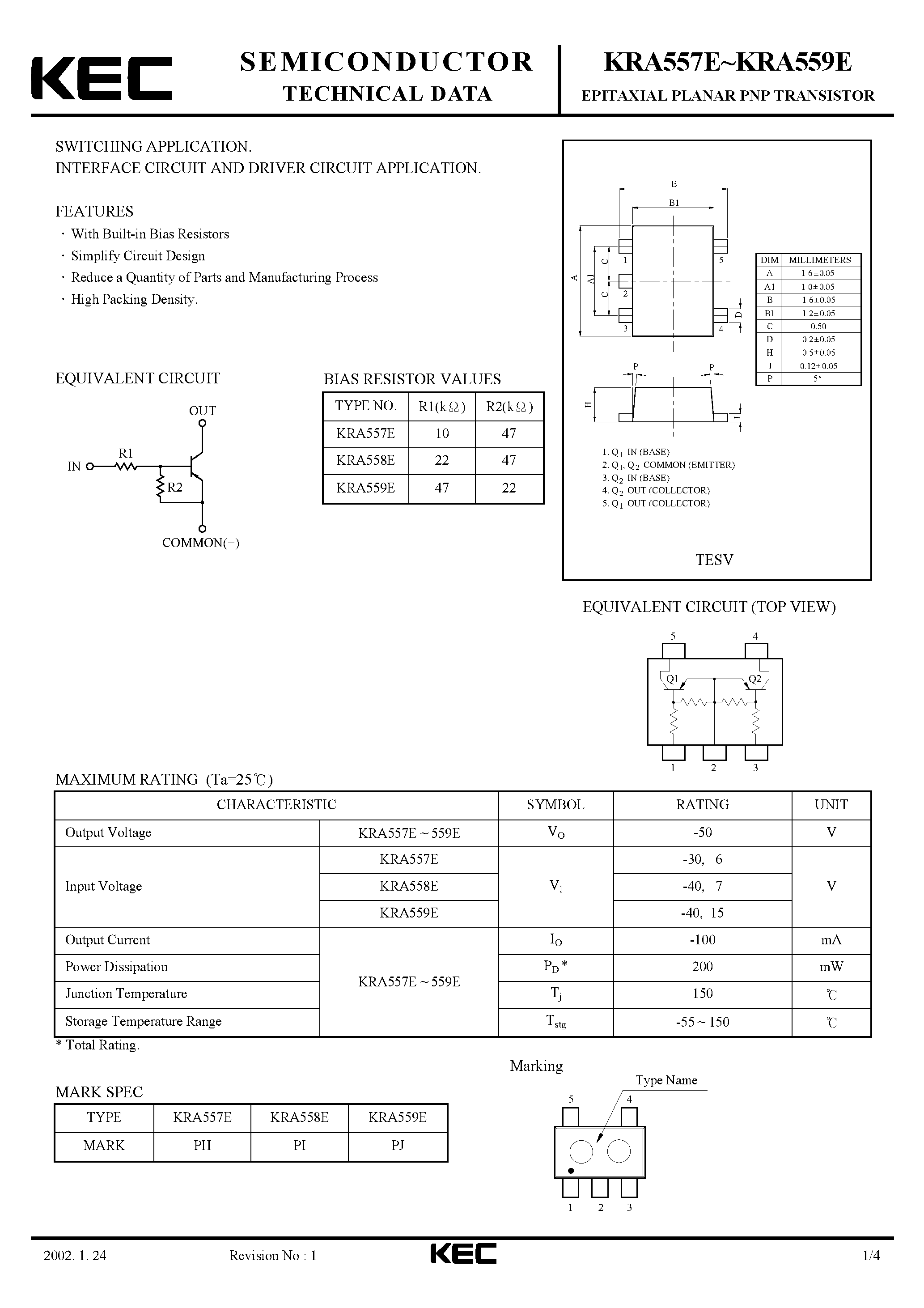 Datasheet KRA557E - (KRA557E - KRA559E) EPITAXIAL PLANAR PNP TRANSISTOR page 1