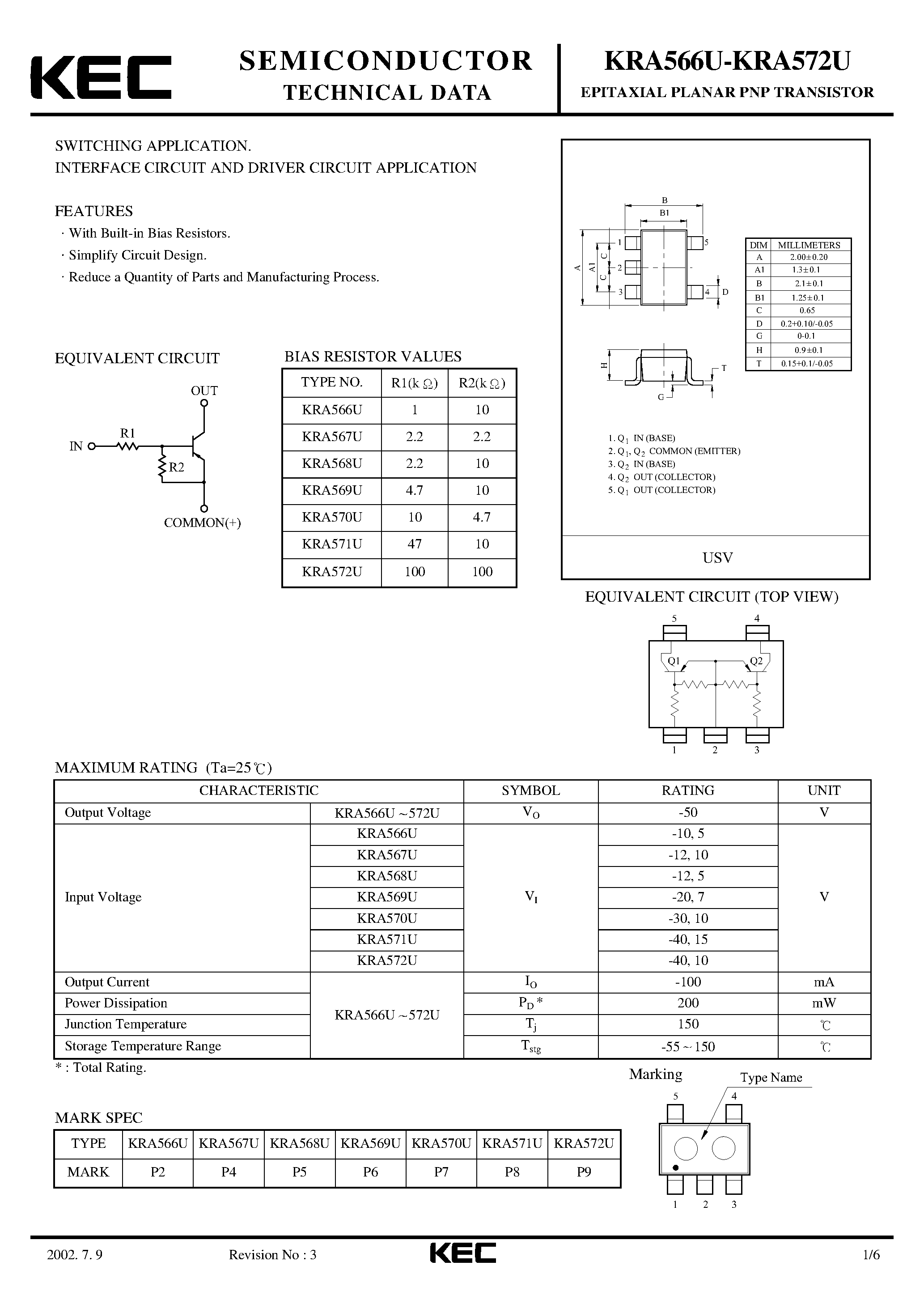 Даташит KRA566U - (KRA566U - KRA572U) EPITAXIAL PLANAR PNP TRANSISTOR страница 1