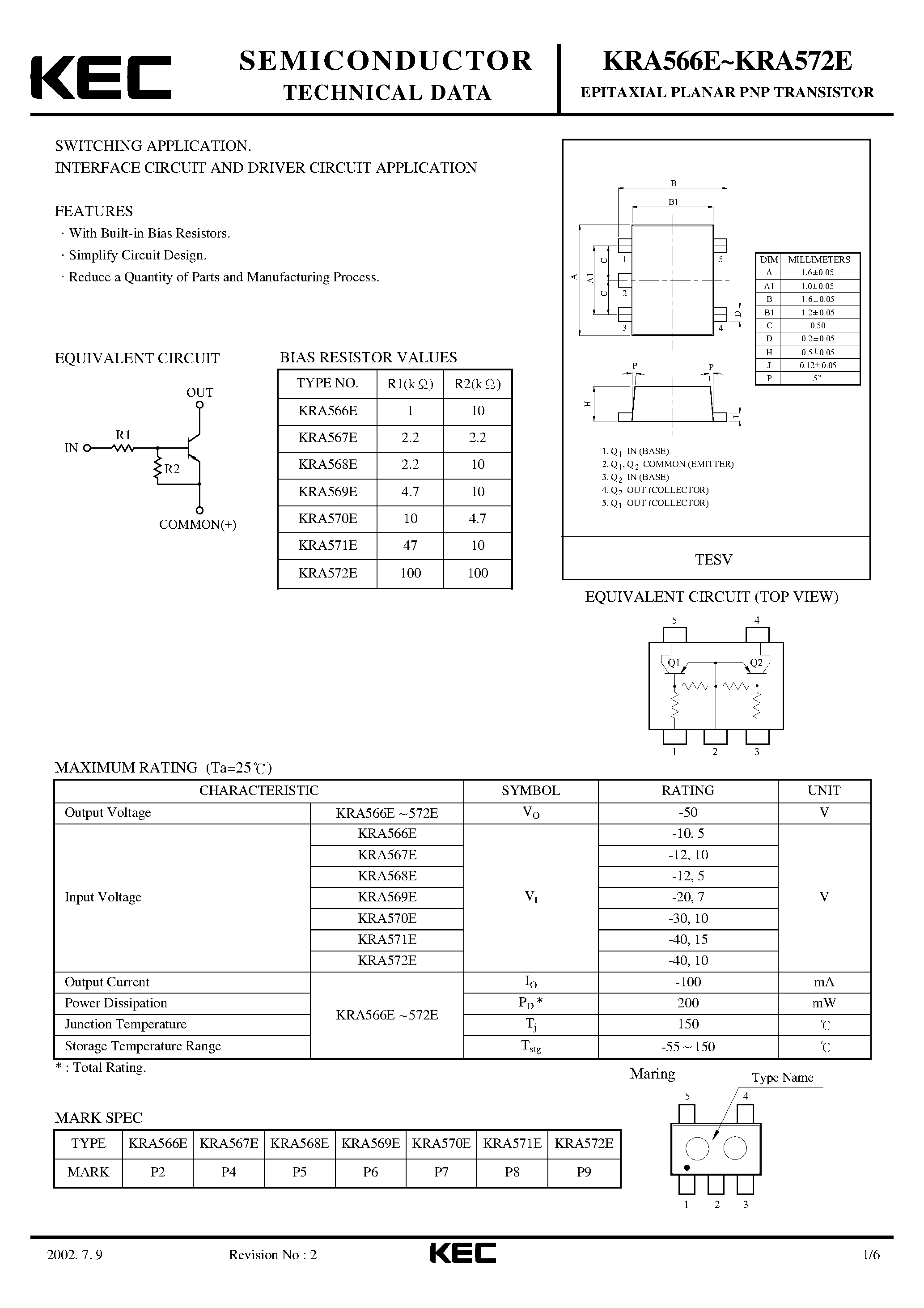 Даташит KRA566E - (KRA566E - KRA572E) EPITAXIAL PLANAR PNP TRANSISTOR страница 1